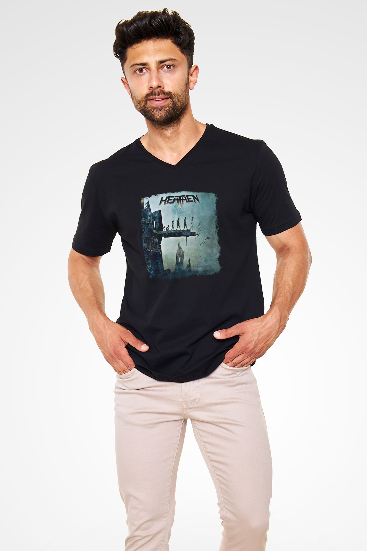 Heathen Baskılı Unisex Siyah V Yaka Tişört