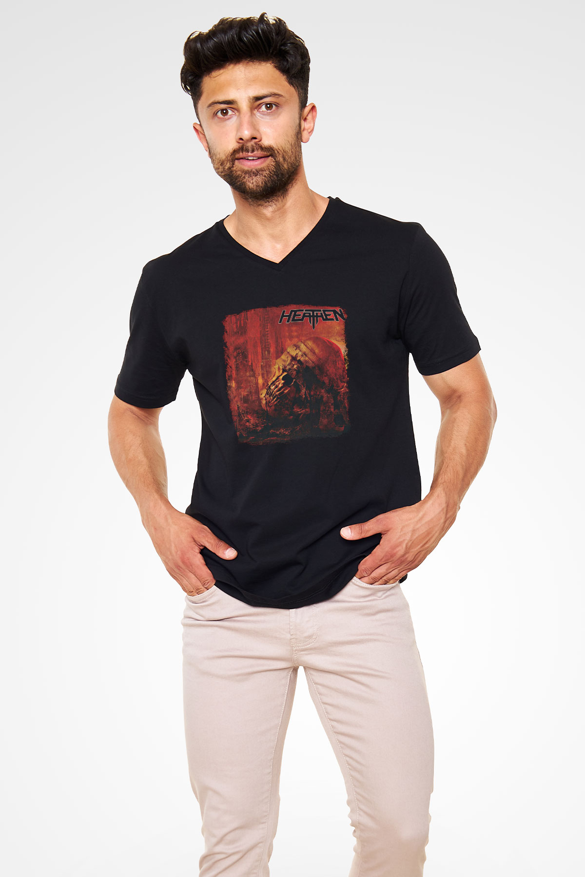 Heathen Baskılı Unisex Siyah V Yaka Tişört