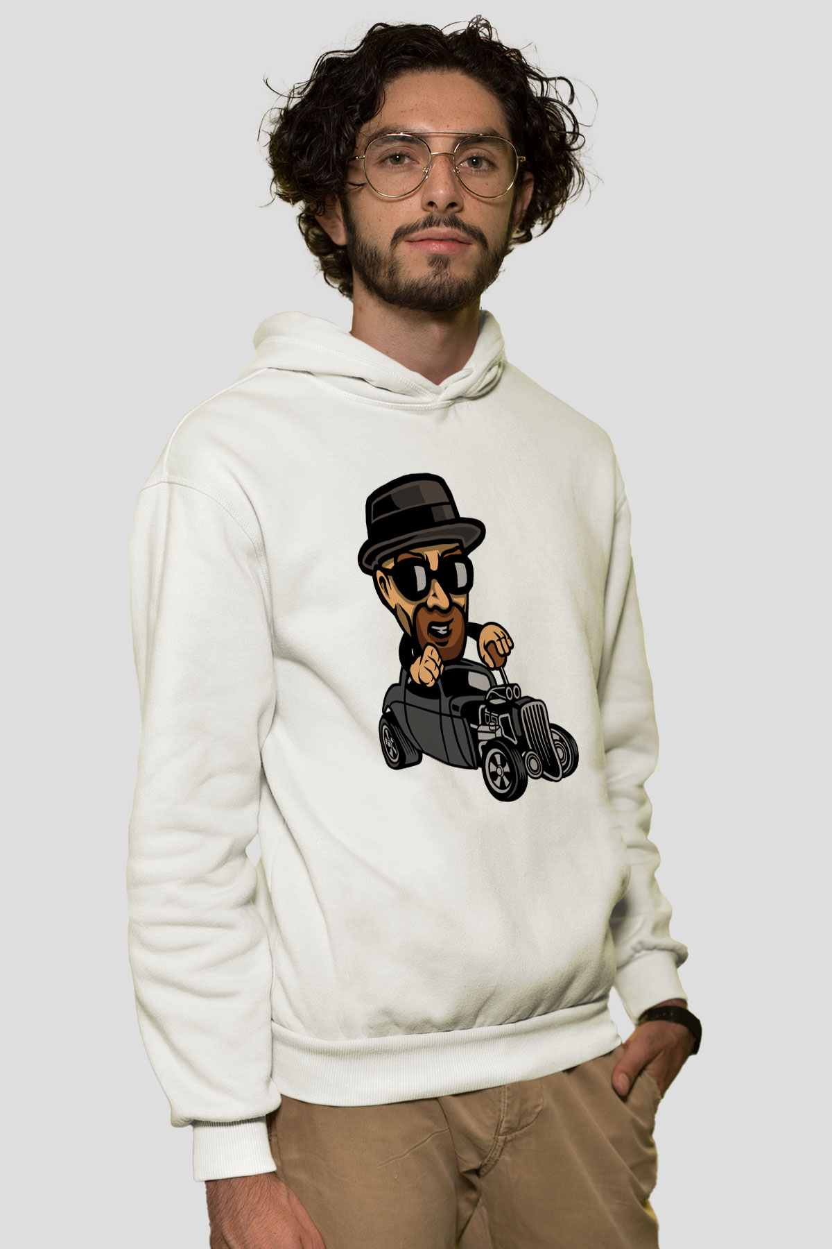 Heisenberg Hotrod Baskılı Unisex Beyaz Hoodie