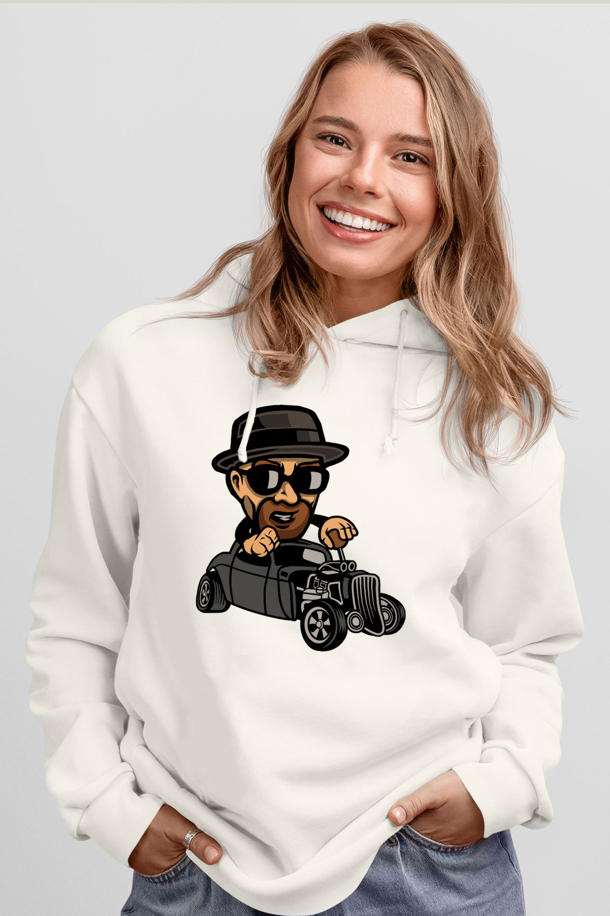 Heisenberg Hotrod Baskılı Unisex Beyaz Hoodie