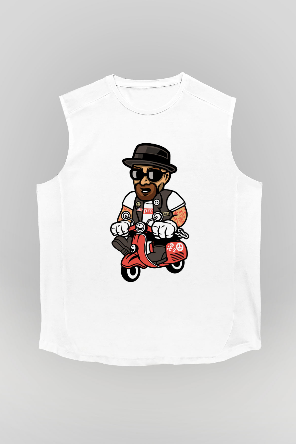 Heisenberg Scooter Baskılı Unisex Beyaz Kolsuz Tişört