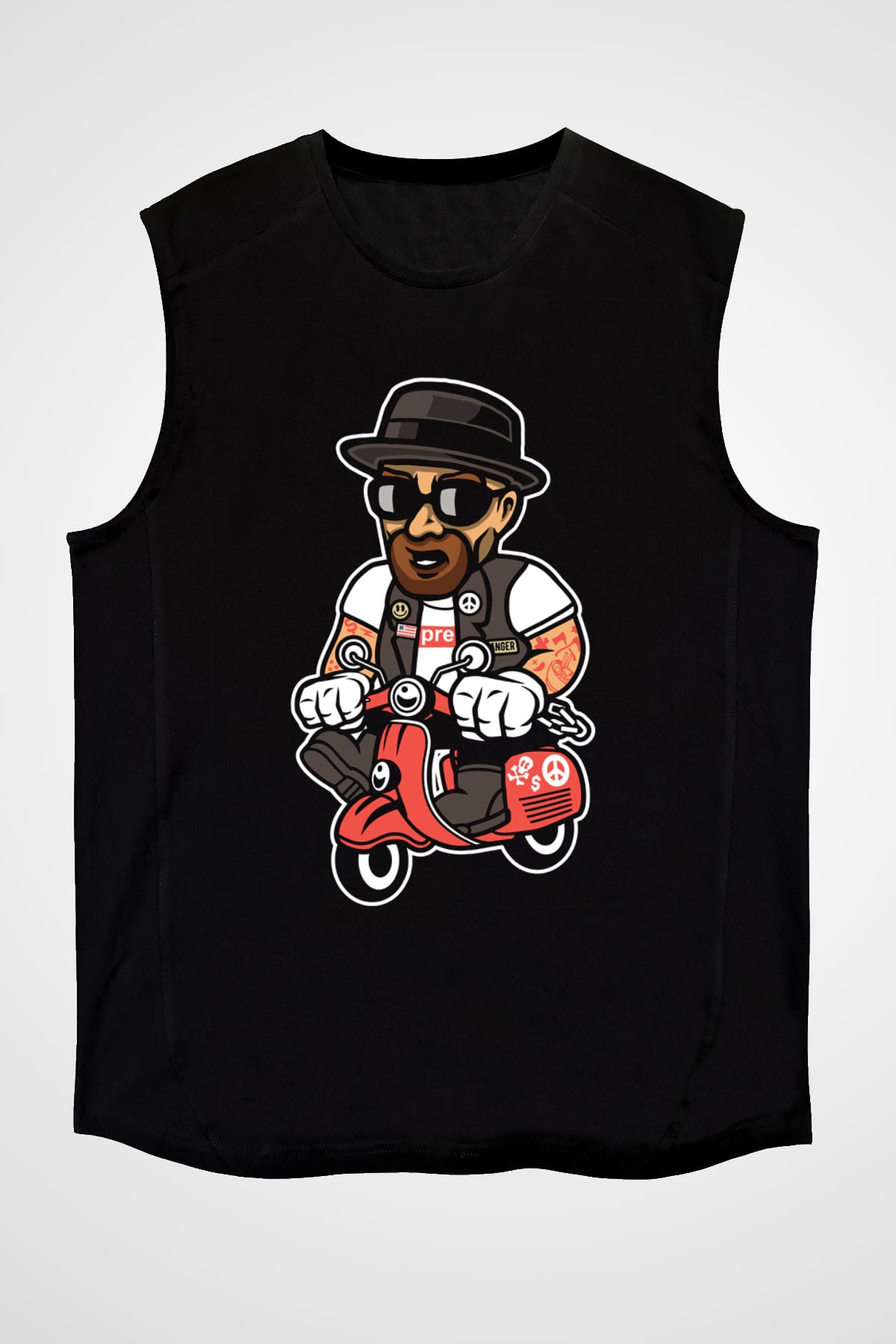Heisenberg Scooter Baskılı Unisex Siyah Kolsuz Tişört