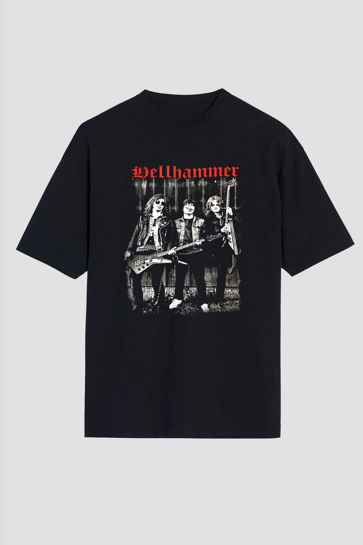 Hellhammer Baskılı Unisex Siyah Oversize Tişört