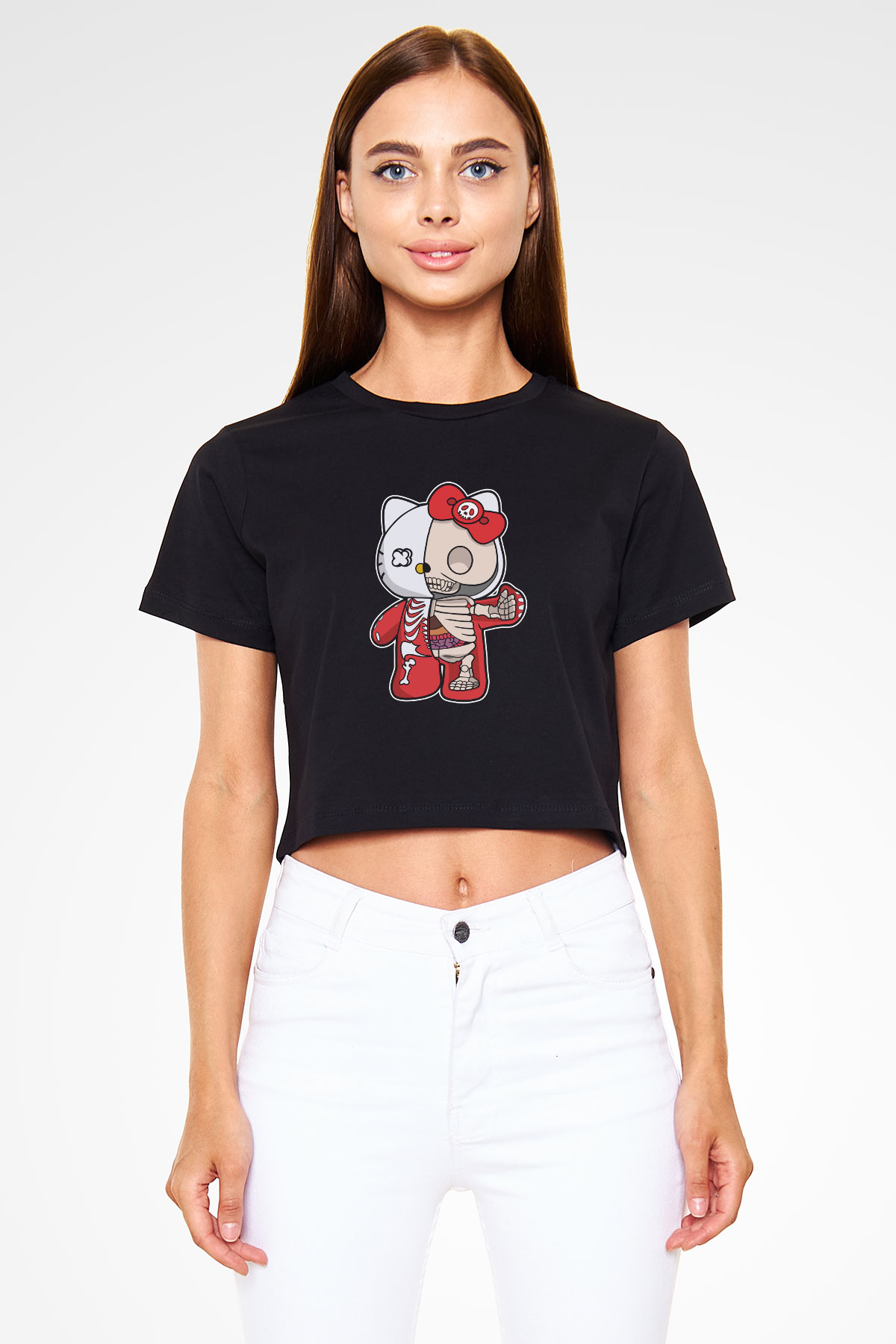 Hello Kity Half Skeleton Baskılı  Siyah  Crop Top Tişört