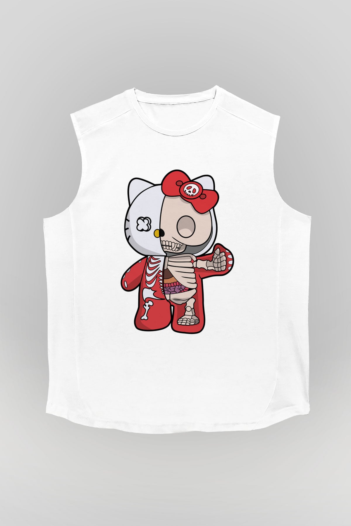 Hello Kity Half Skeleton Baskılı Unisex Beyaz Kolsuz Tişört