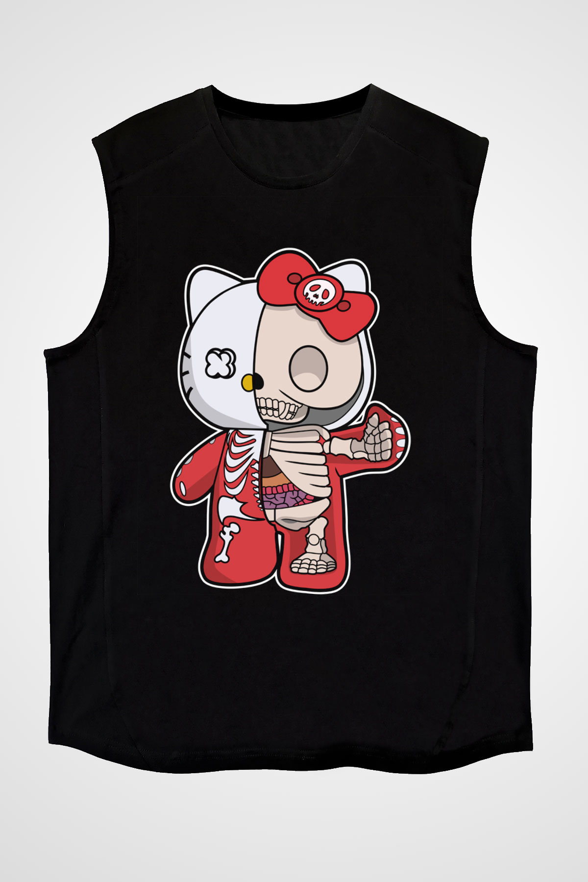 Hello Kity Half Skeleton Baskılı Unisex Siyah Kolsuz Tişört
