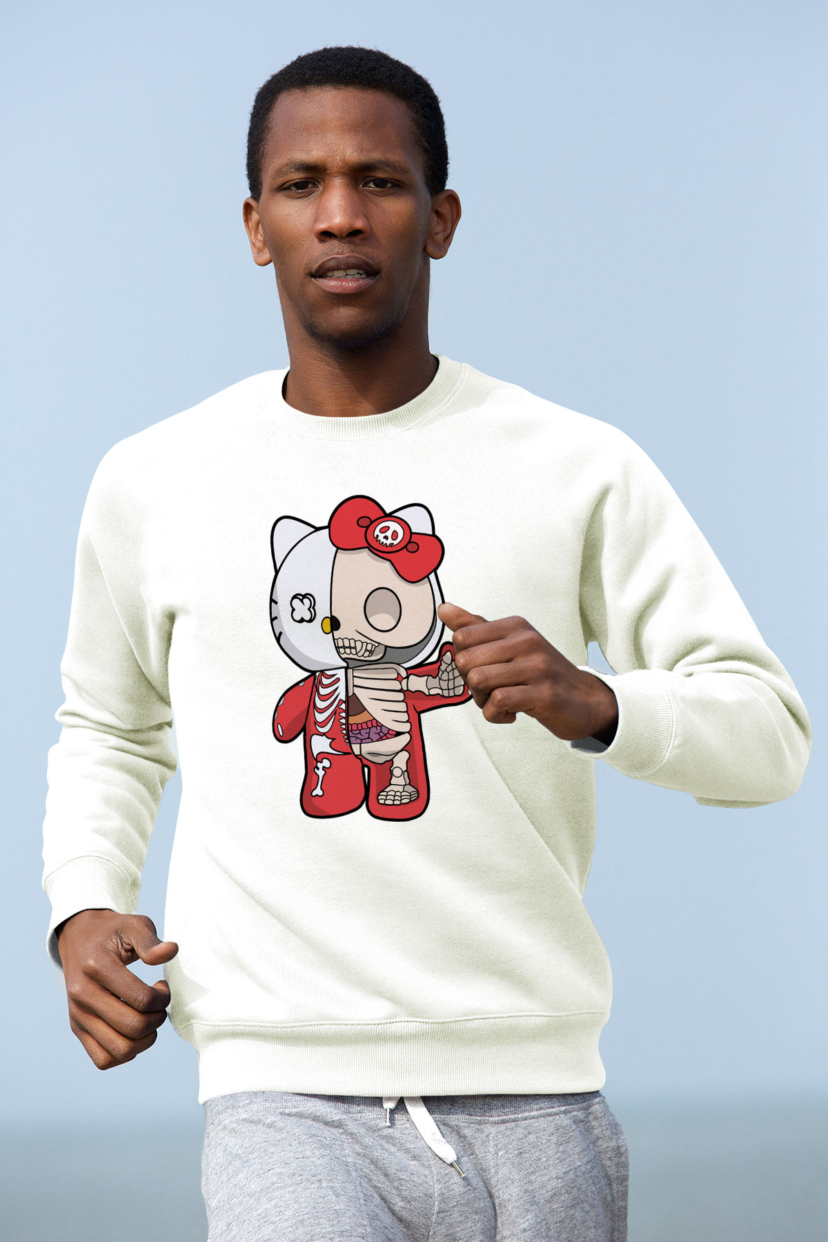 Hello Kity Half Skeleton Baskılı Unisex Beyaz Sweatshirt