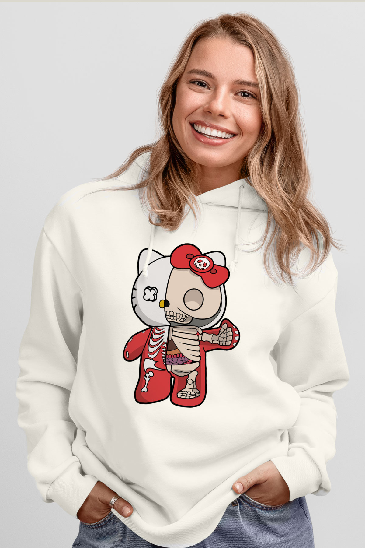 Hello Kity Half Skeleton Baskılı Unisex Beyaz Hoodie