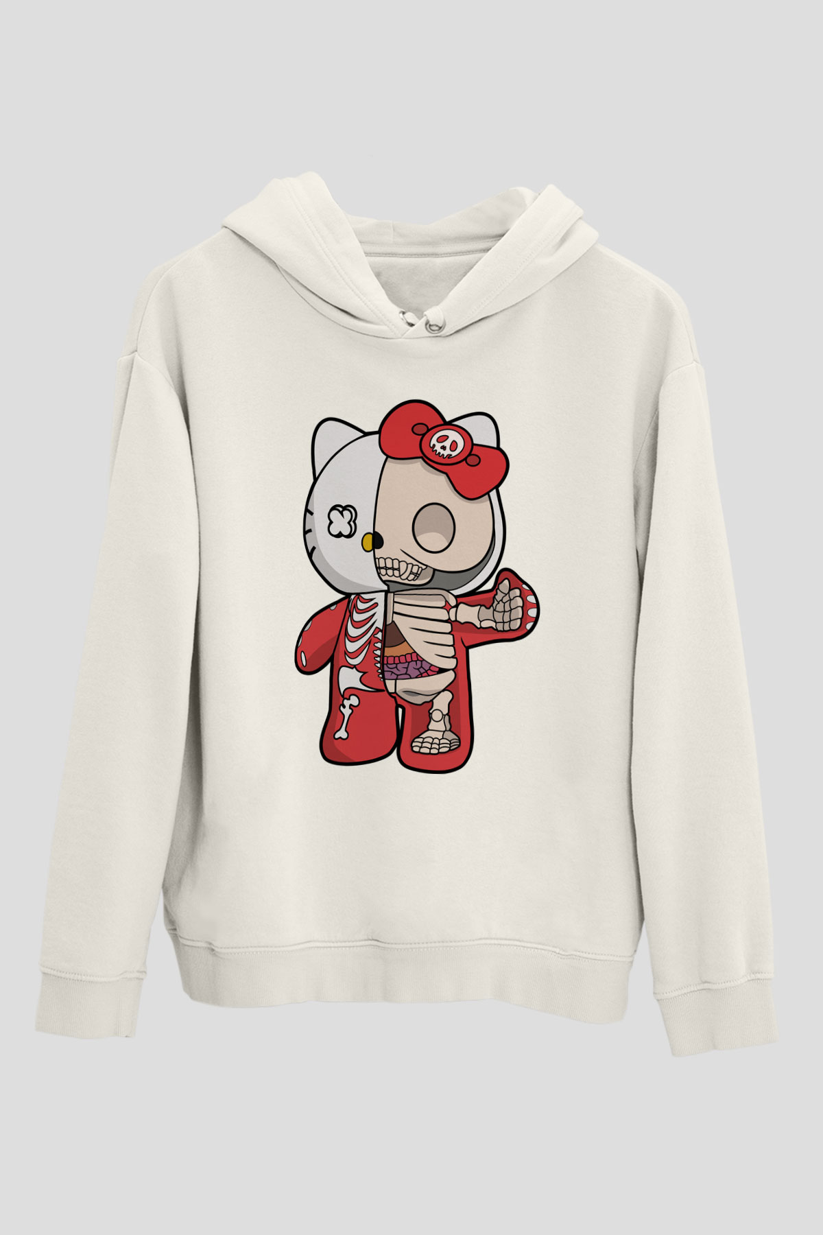 Hello Kity Half Skeleton Baskılı Unisex Beyaz Hoodie