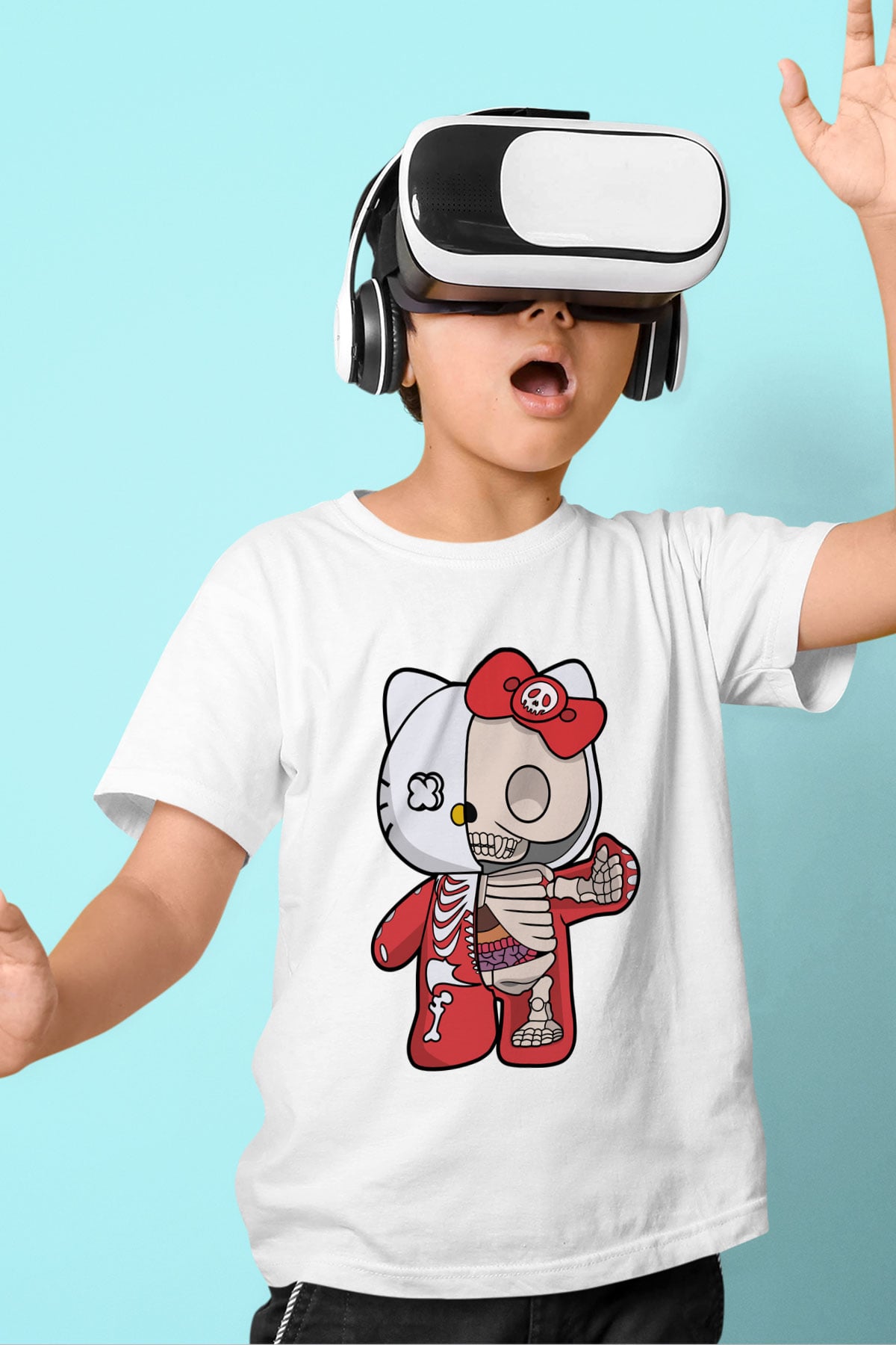 Hello Kity Half Skeleton Baskılı Unisex Beyaz Çocuk Tişört