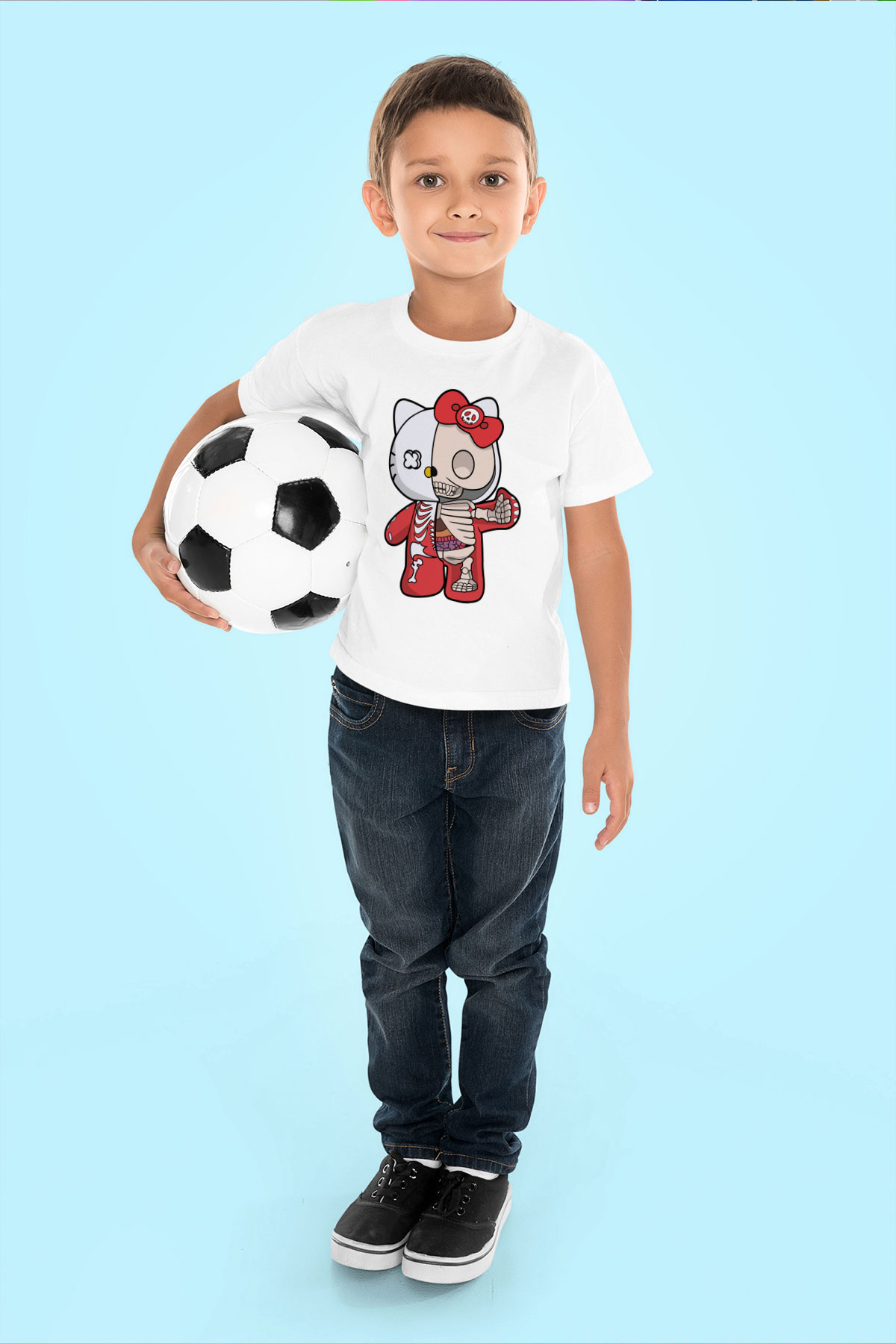 Hello Kity Half Skeleton Baskılı Unisex Beyaz Çocuk Tişört