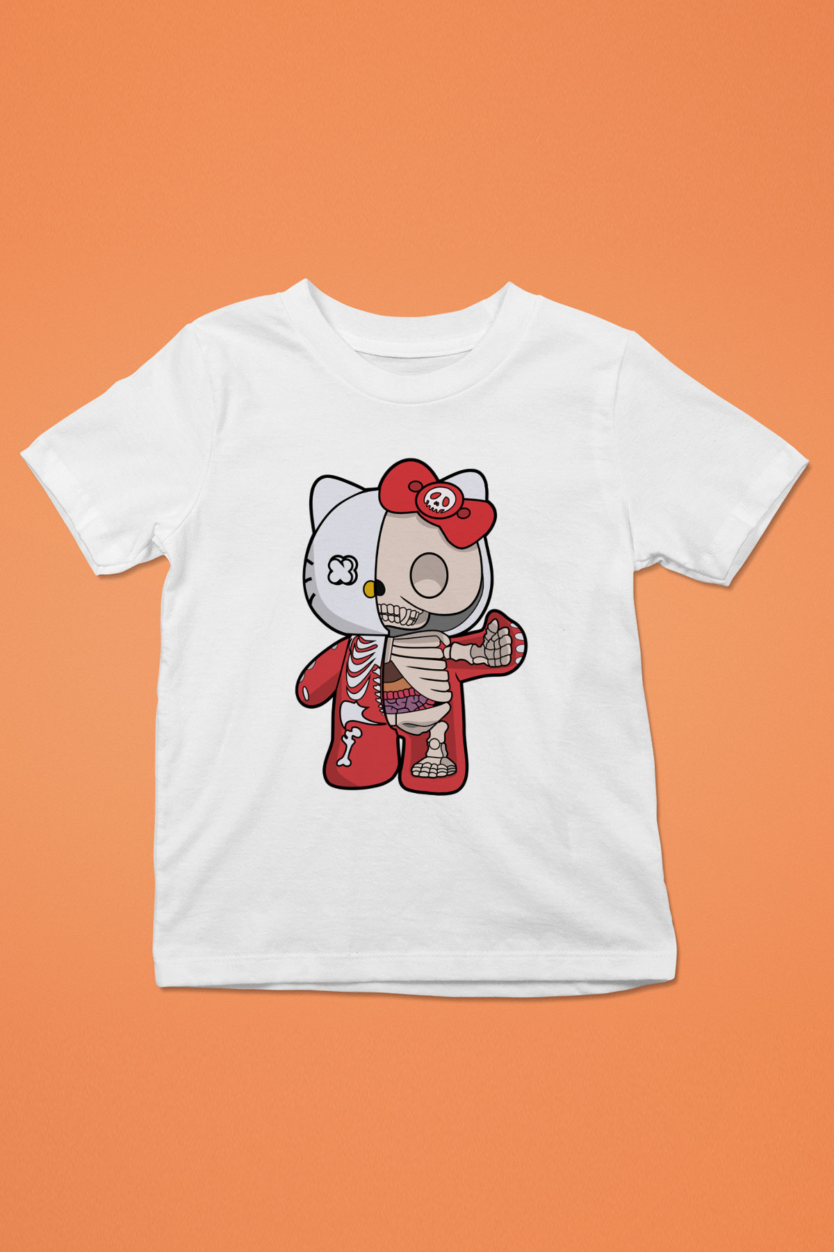 Hello Kity Half Skeleton Baskılı Unisex Beyaz Çocuk Tişört