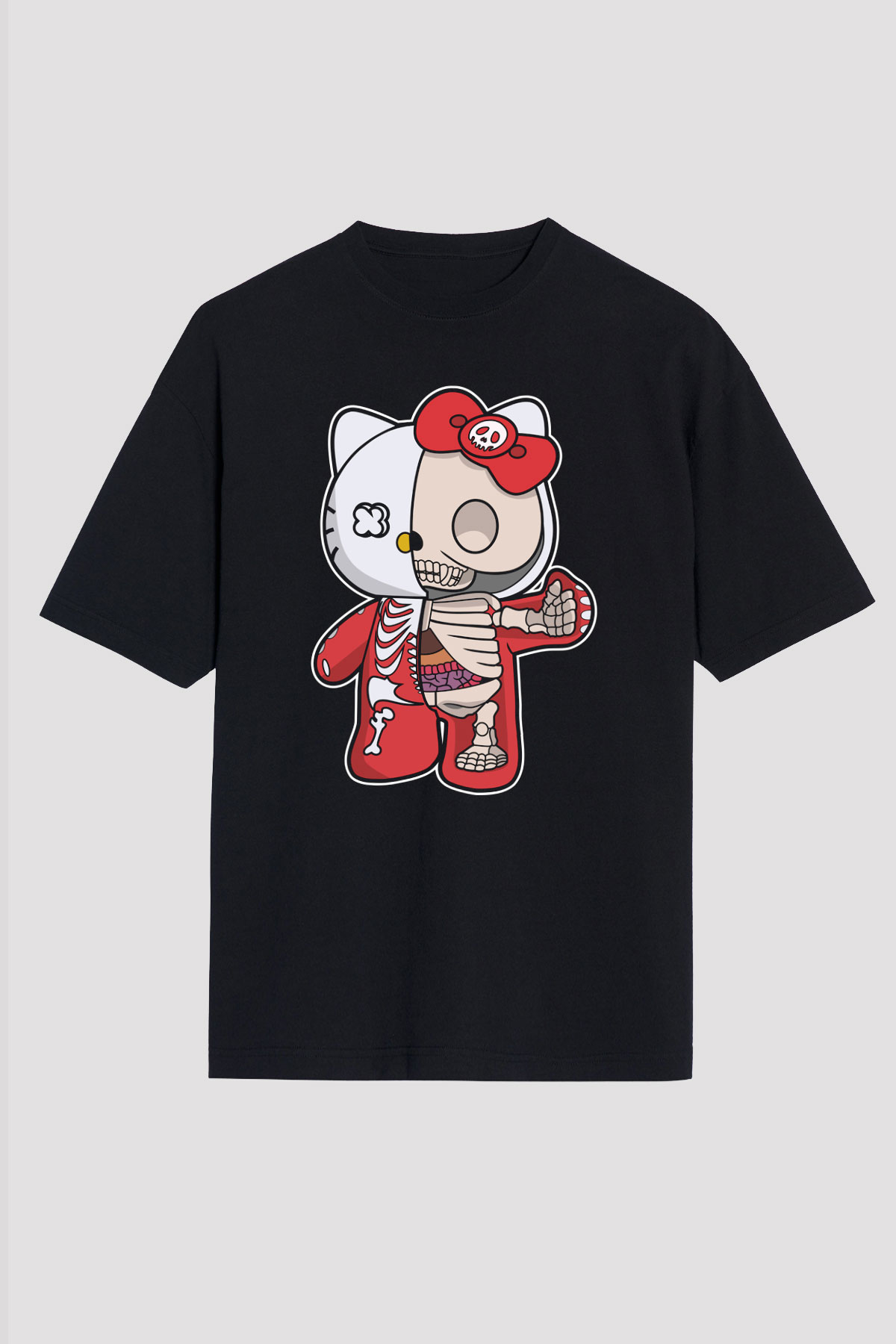 Hello Kity Half Skeleton Baskılı Unisex Siyah Oversize Tişört