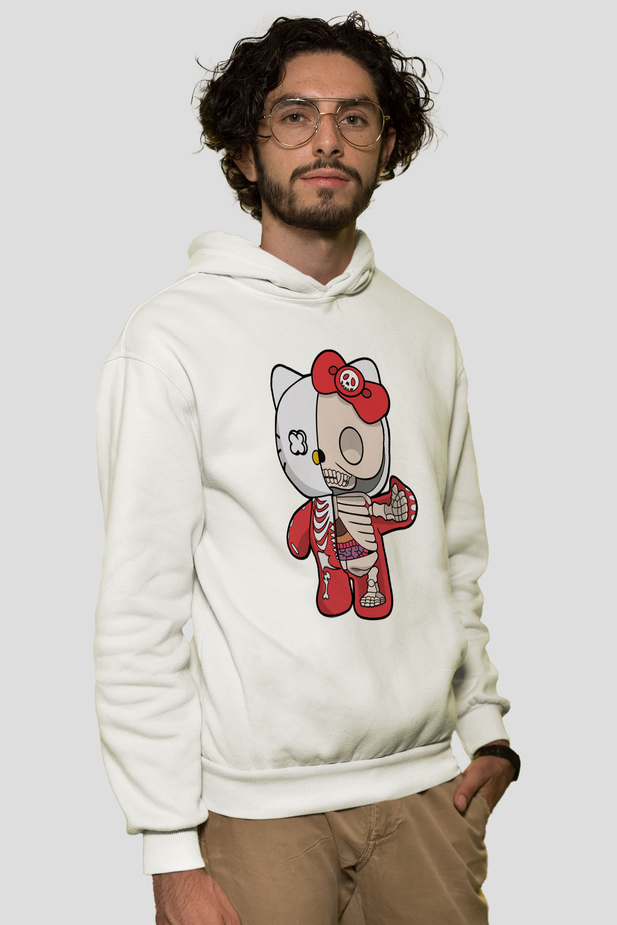 Hello Kity Half Skeleton Baskılı Unisex Beyaz Hoodie
