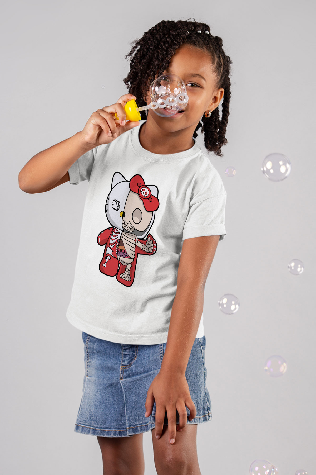 Hello Kity Half Skeleton Baskılı Unisex Beyaz Çocuk Tişört