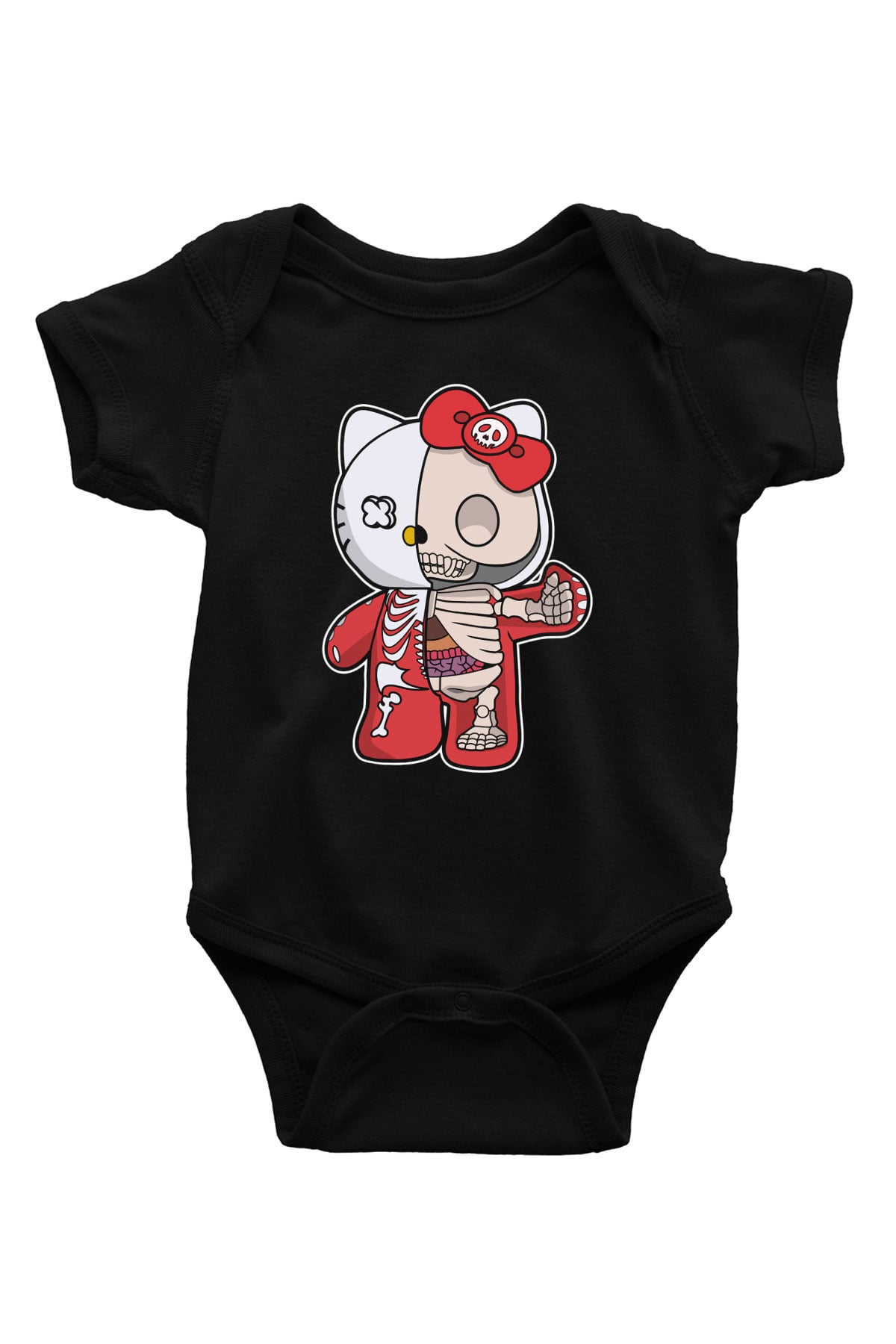 Hello Kity Half Skeleton Baskılı Unisex Siyah Bebek Body - Zıbın