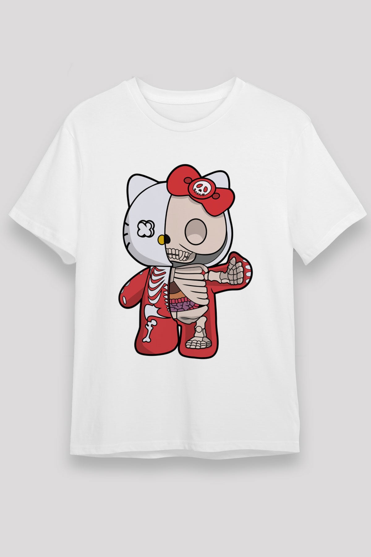 Hello Kity Half Skeleton Baskılı Unisex Beyaz Tişört