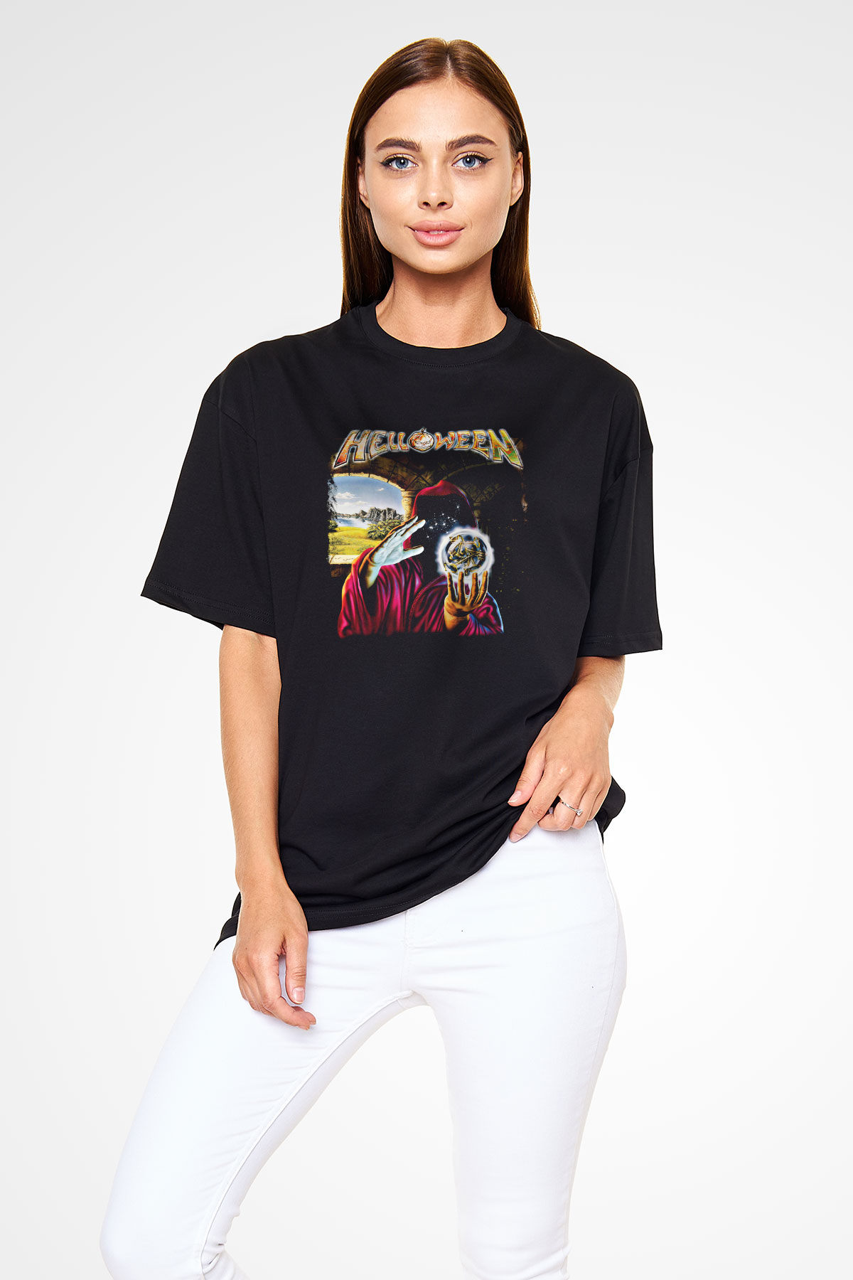 Helloween Baskılı Unisex Siyah Oversize Tişört