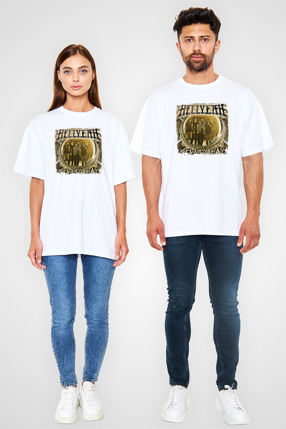Hellyeah Baskılı Unisex Beyaz Oversize Tişört