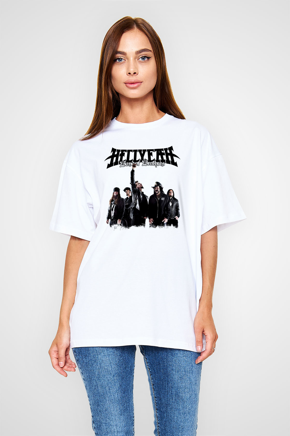 Hellyeah Baskılı Unisex Beyaz Oversize Tişört