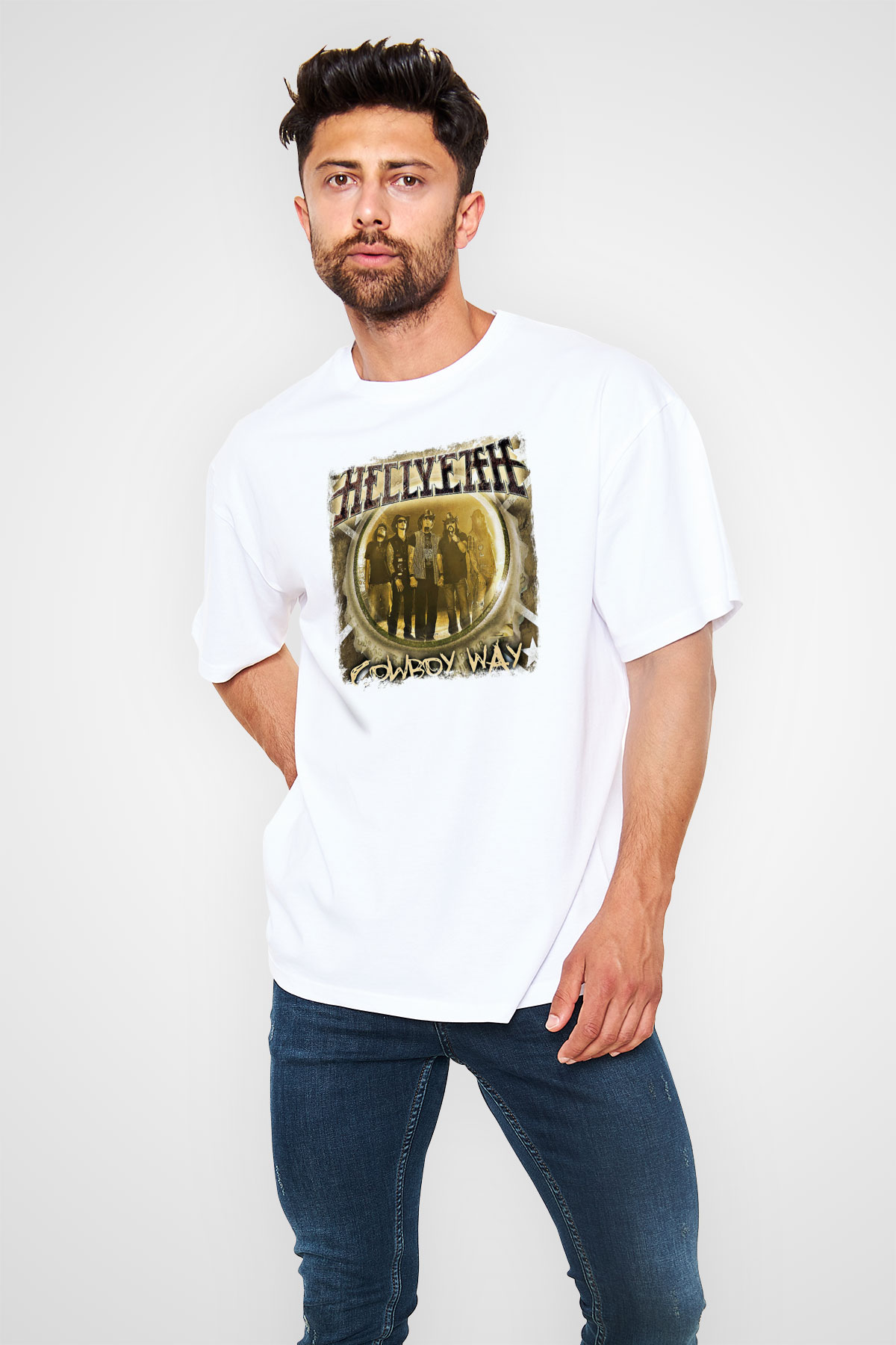 Hellyeah Baskılı Unisex Beyaz Oversize Tişört