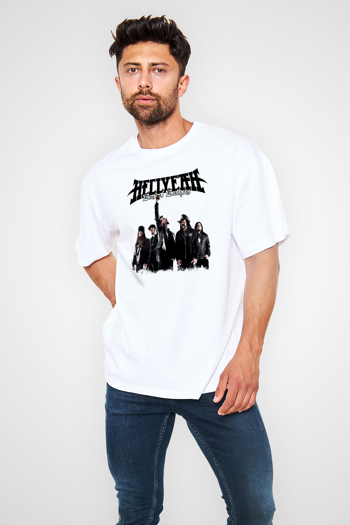 Hellyeah Baskılı Unisex Beyaz Oversize Tişört