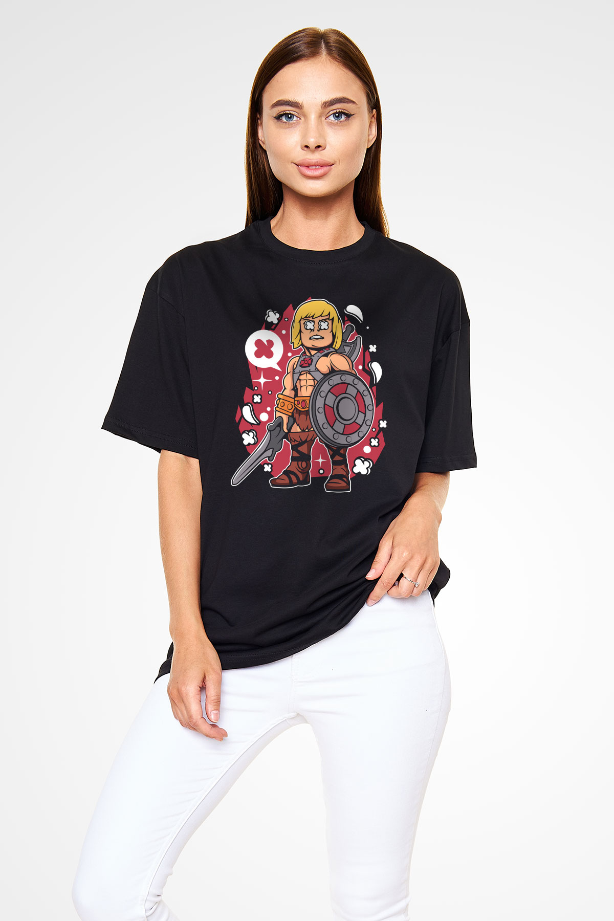 He-Man Baskılı Unisex Siyah Oversize Tişört