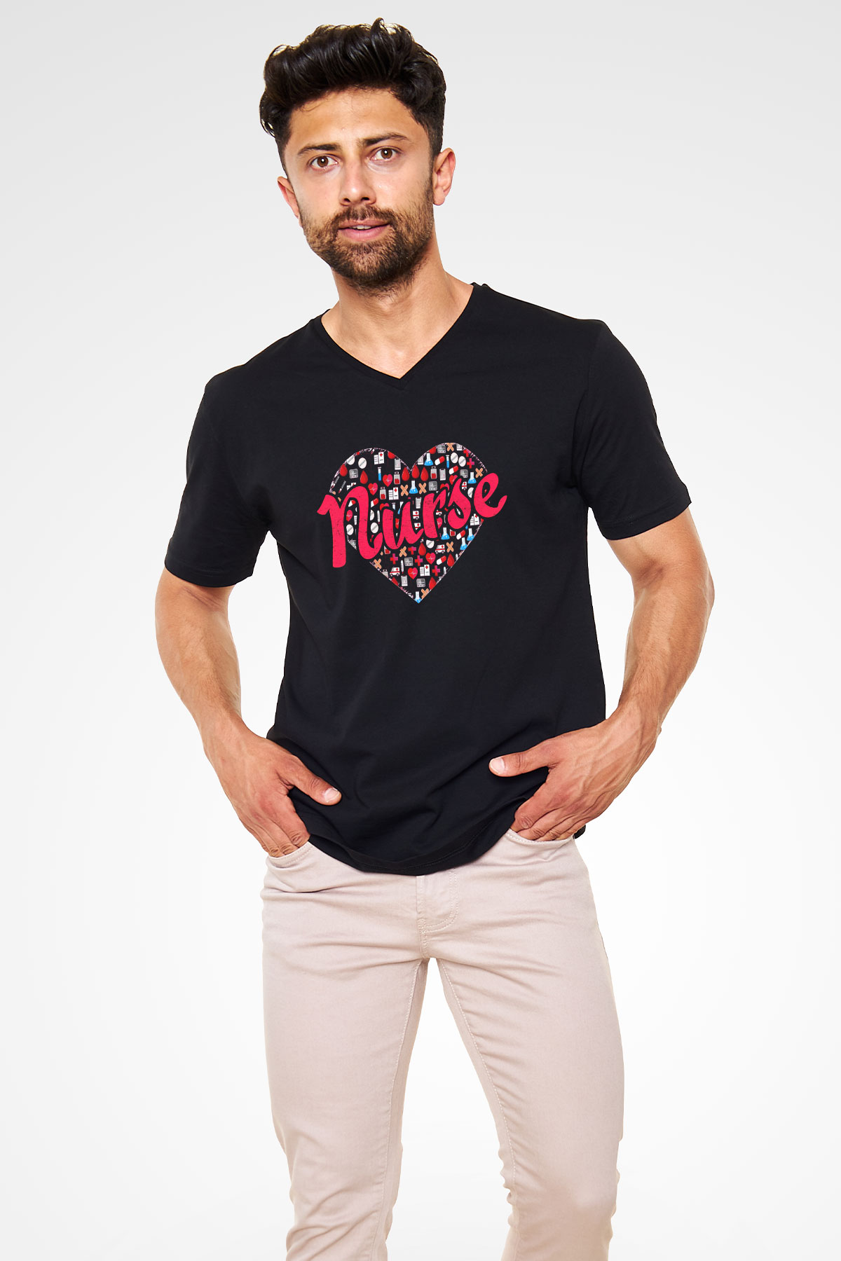 Hemşire Siyah Unisex V Yaka Tişört