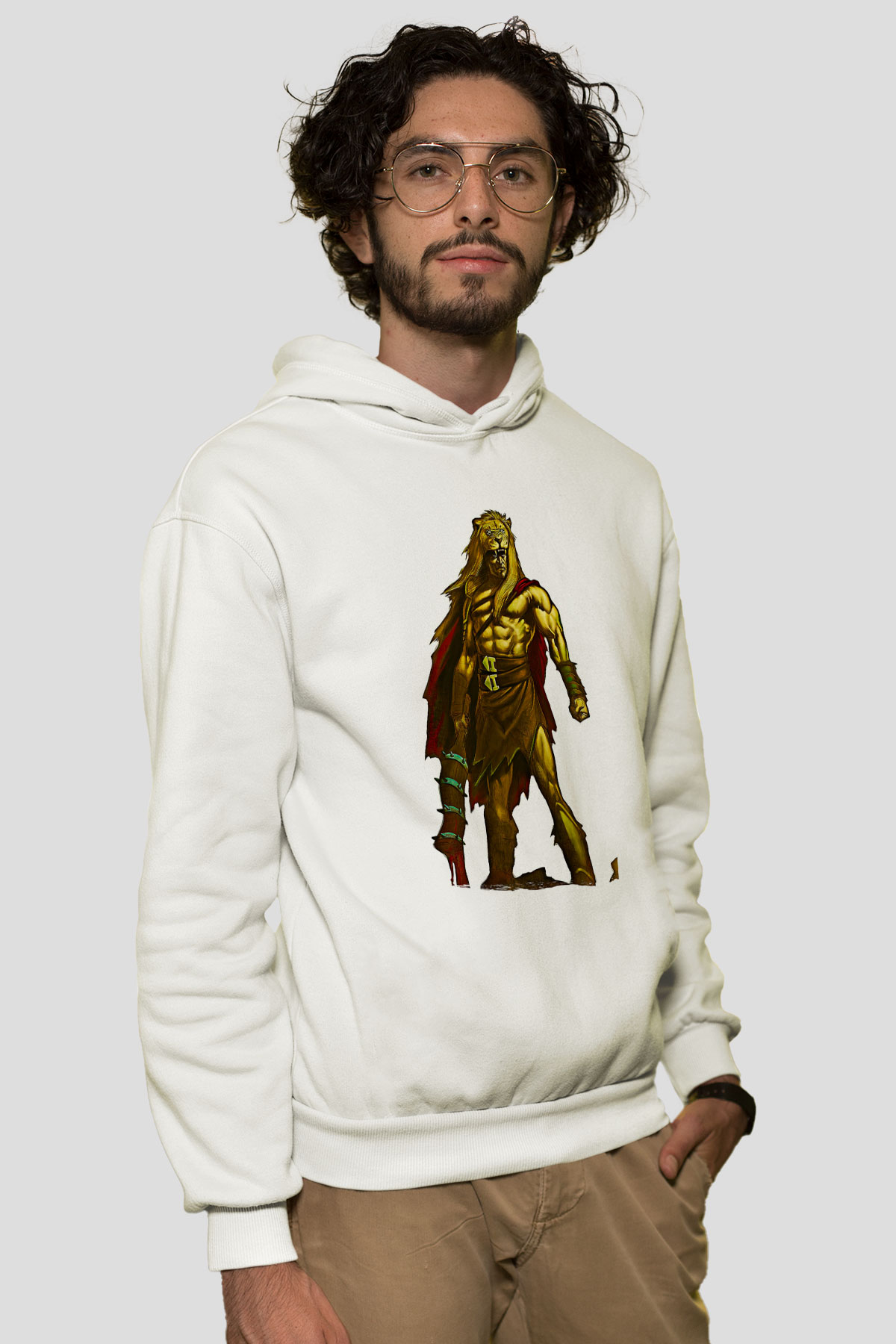 Herkül Baskılı Beyaz Unisex Hoodie