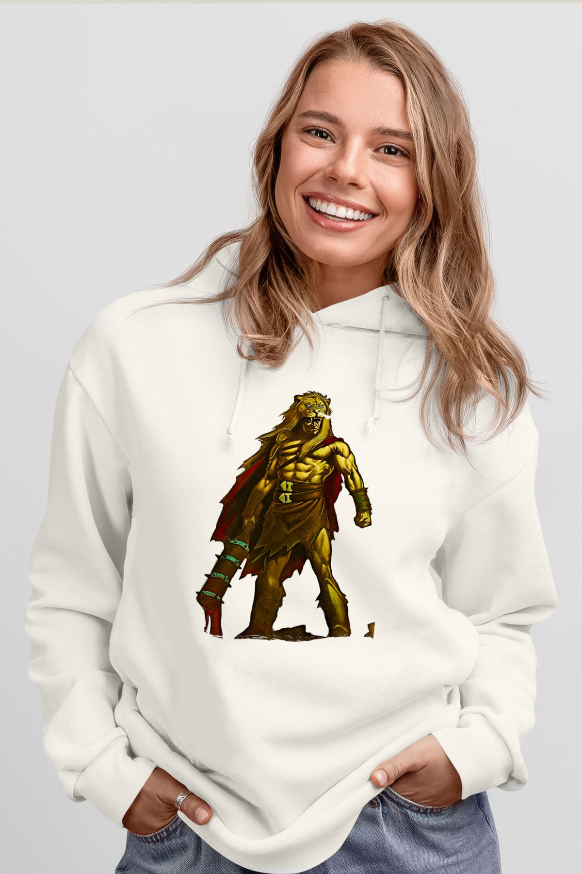 Herkül Baskılı Beyaz Unisex Hoodie