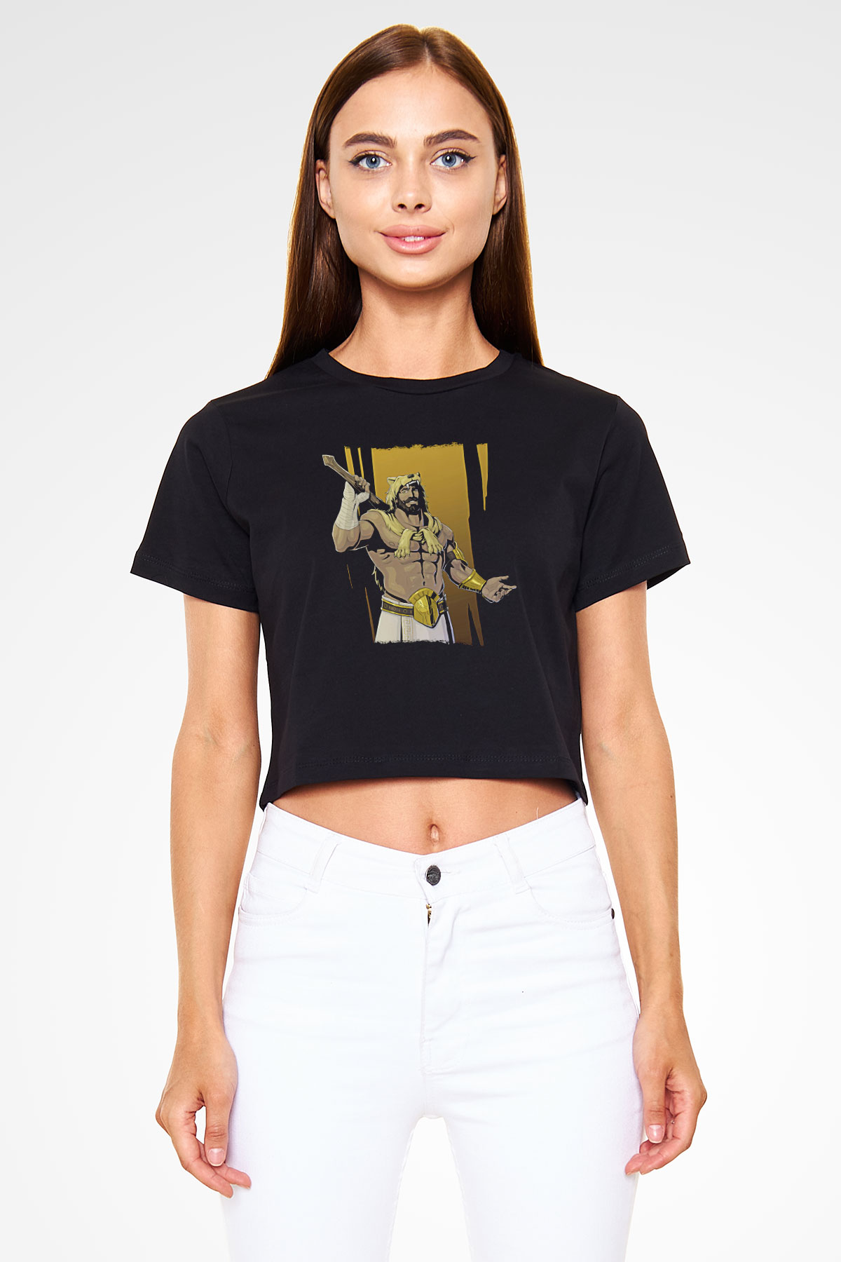 Herkül Baskılı Siyah Crop Top Kadın Tişört - Tshirt