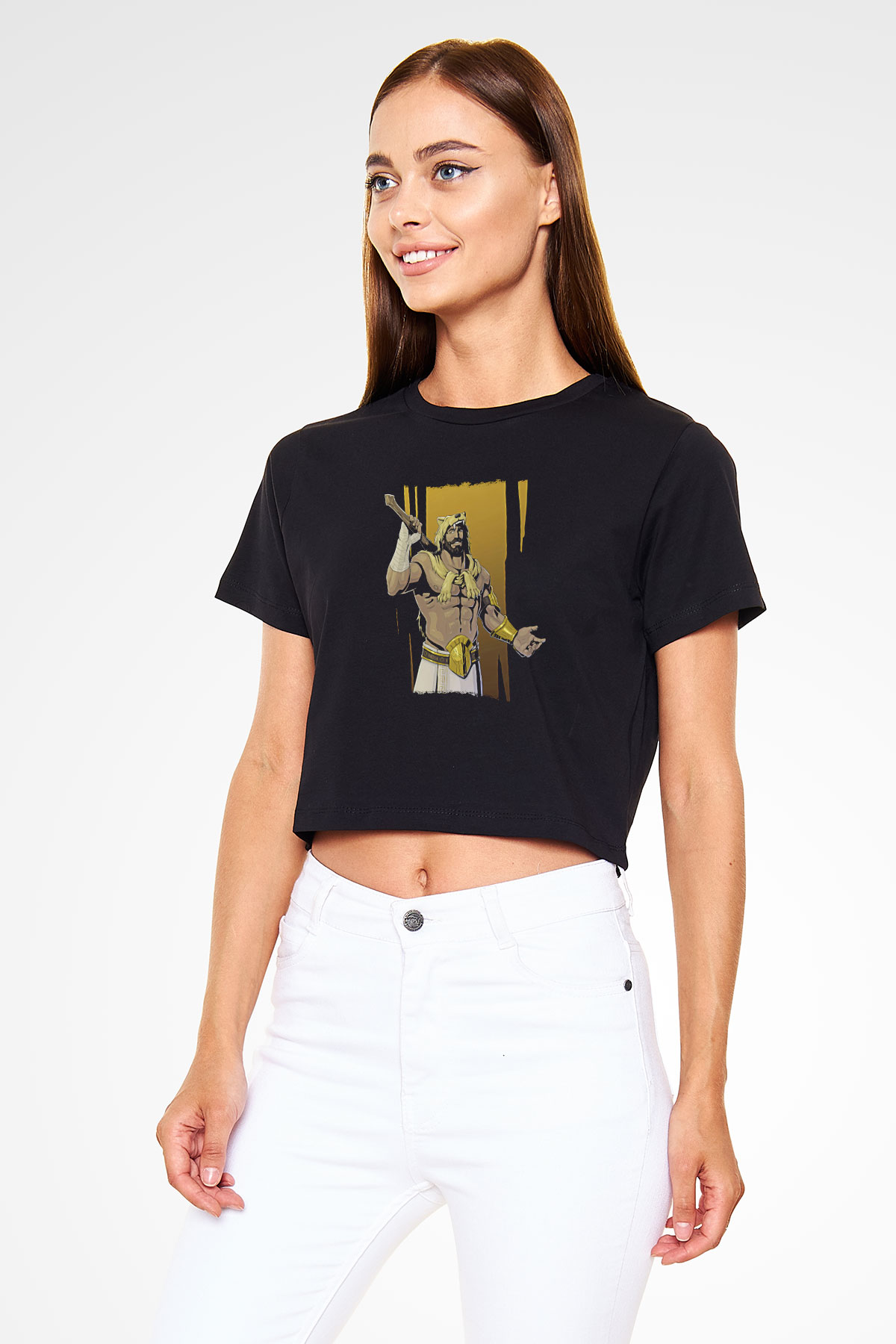 Herkül Baskılı Siyah Crop Top Kadın Tişört - Tshirt