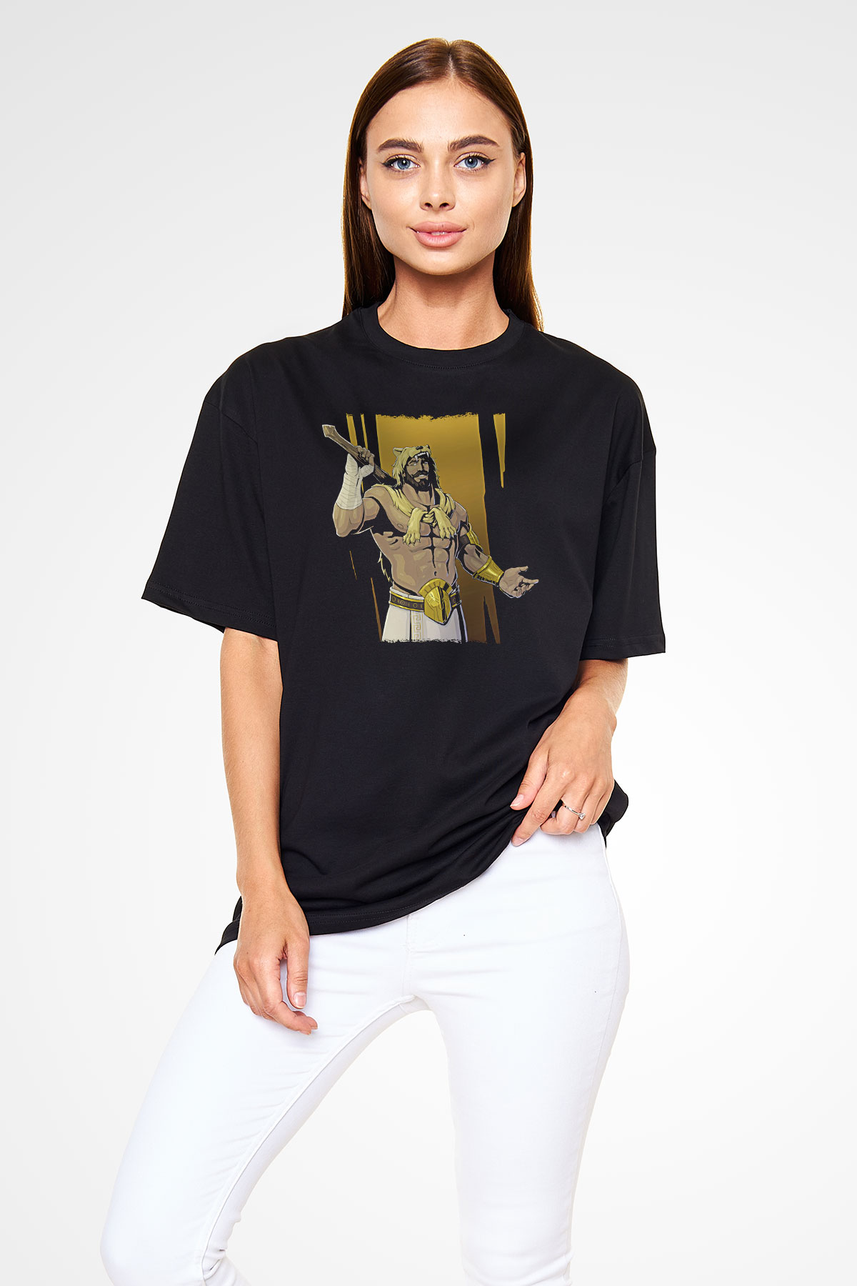 Herkül Baskılı Unisex Siyah Oversize Tişört - Tshirt