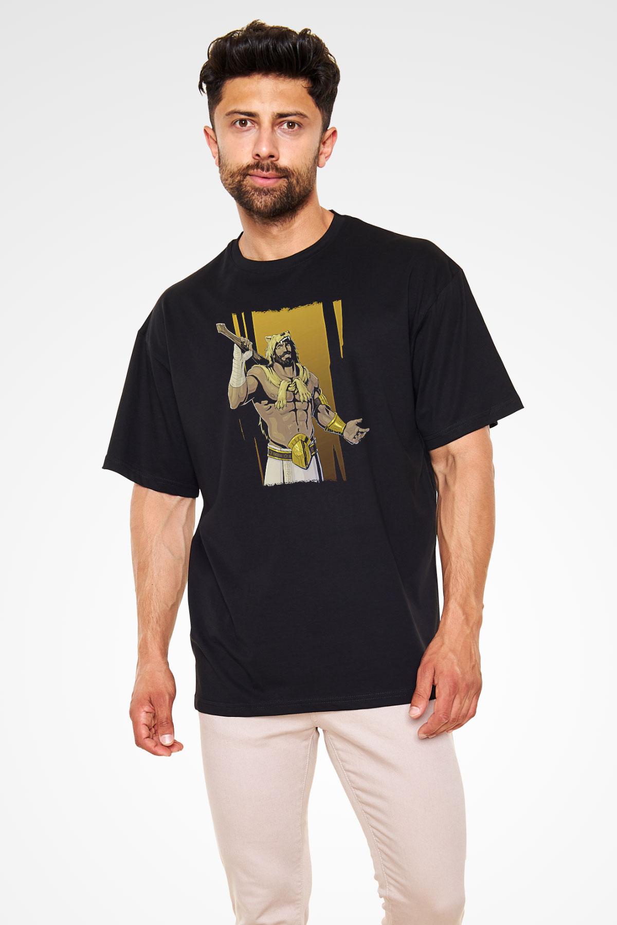 Herkül Baskılı Unisex Siyah Oversize Tişört - Tshirt