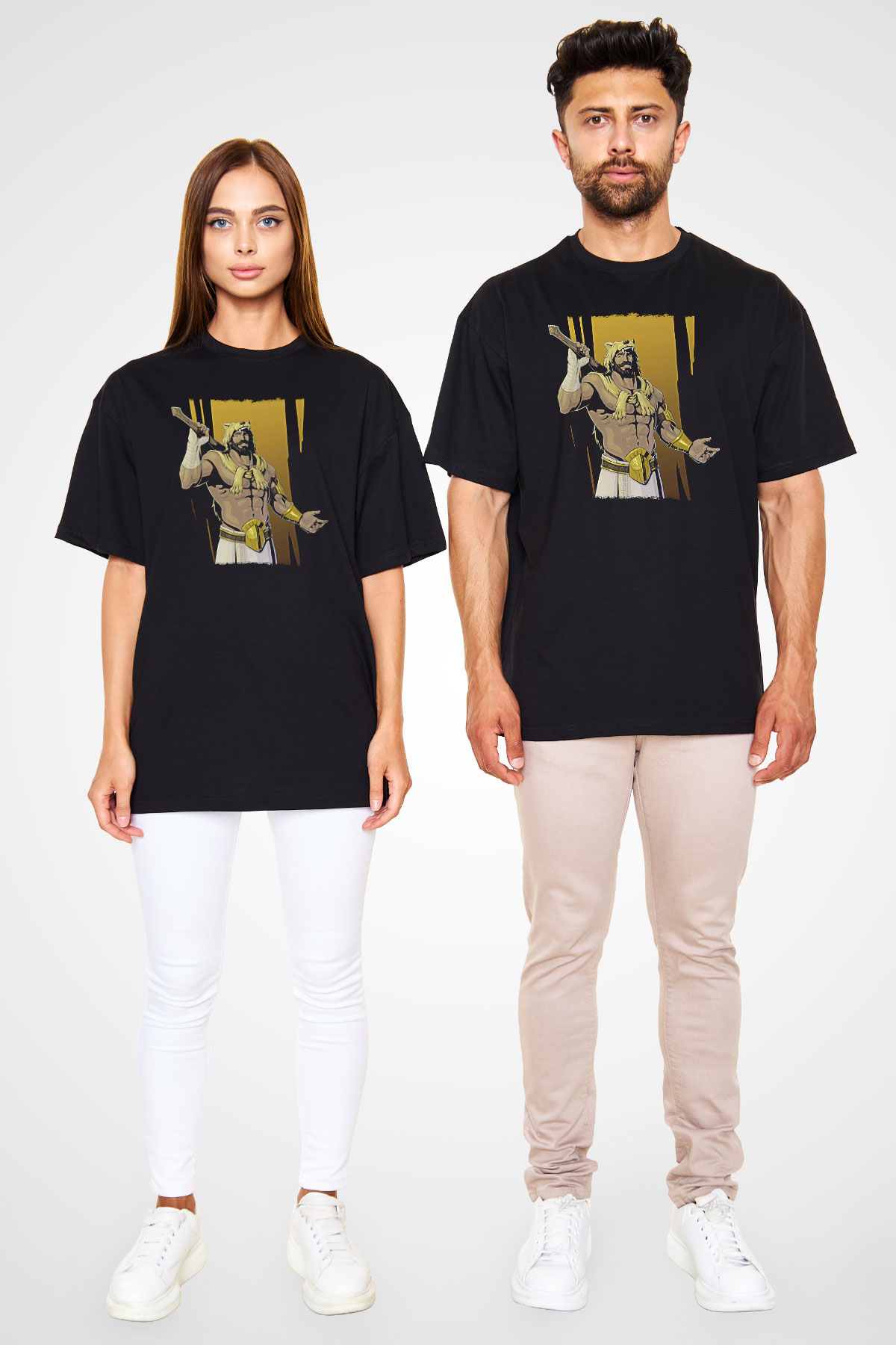 Herkül Baskılı Unisex Siyah Oversize Tişört - Tshirt