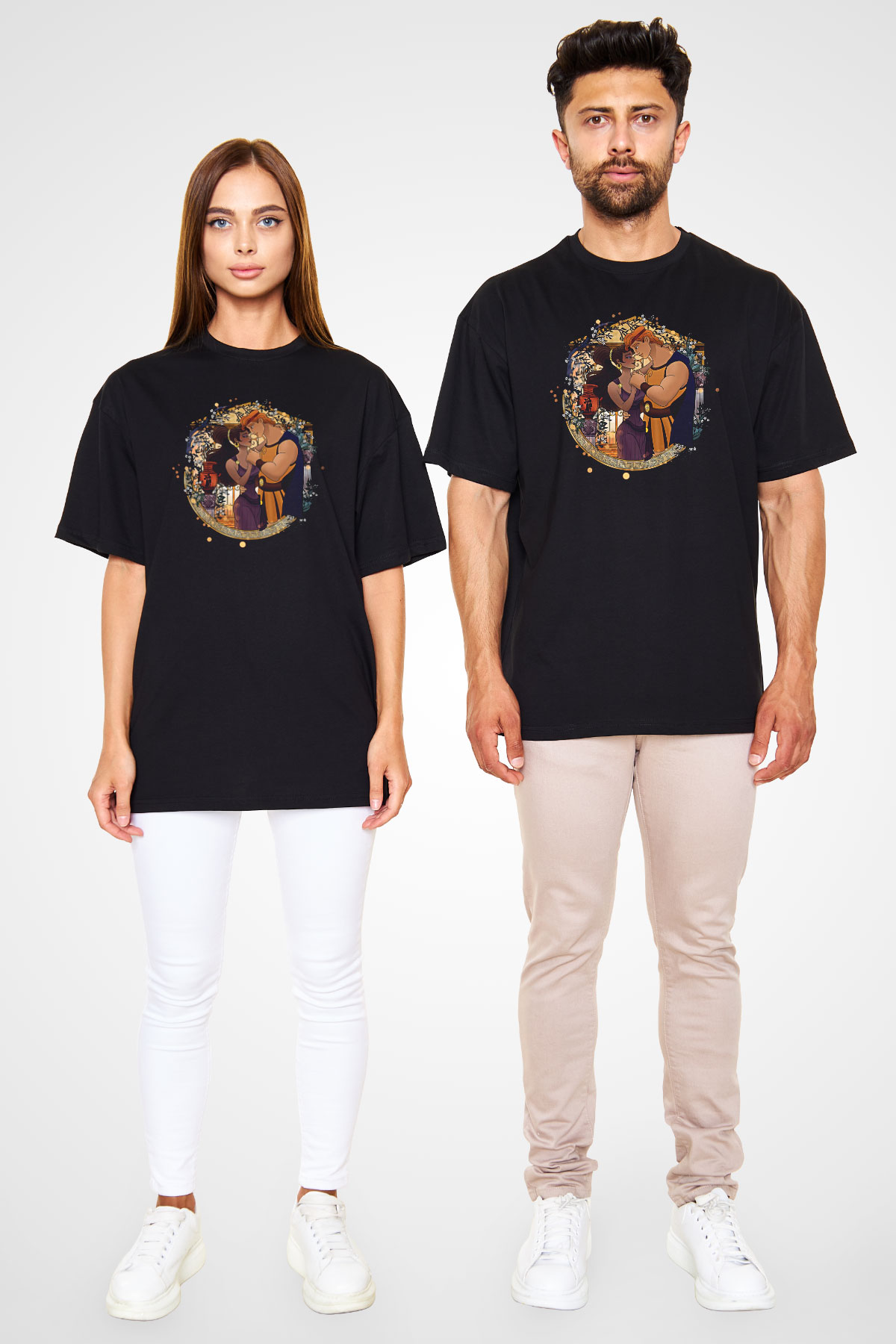 Herkül Baskılı Unisex Siyah Oversize Tişört - Tshirt