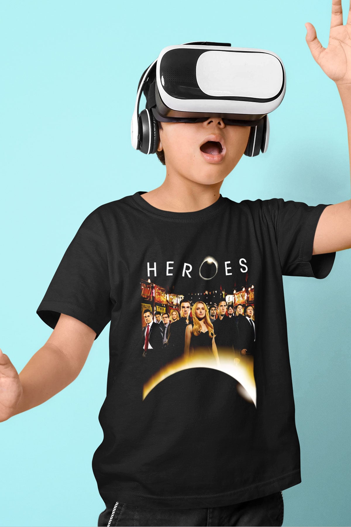 Heroes Baskılı Siyah Unisex Çocuk Tişört