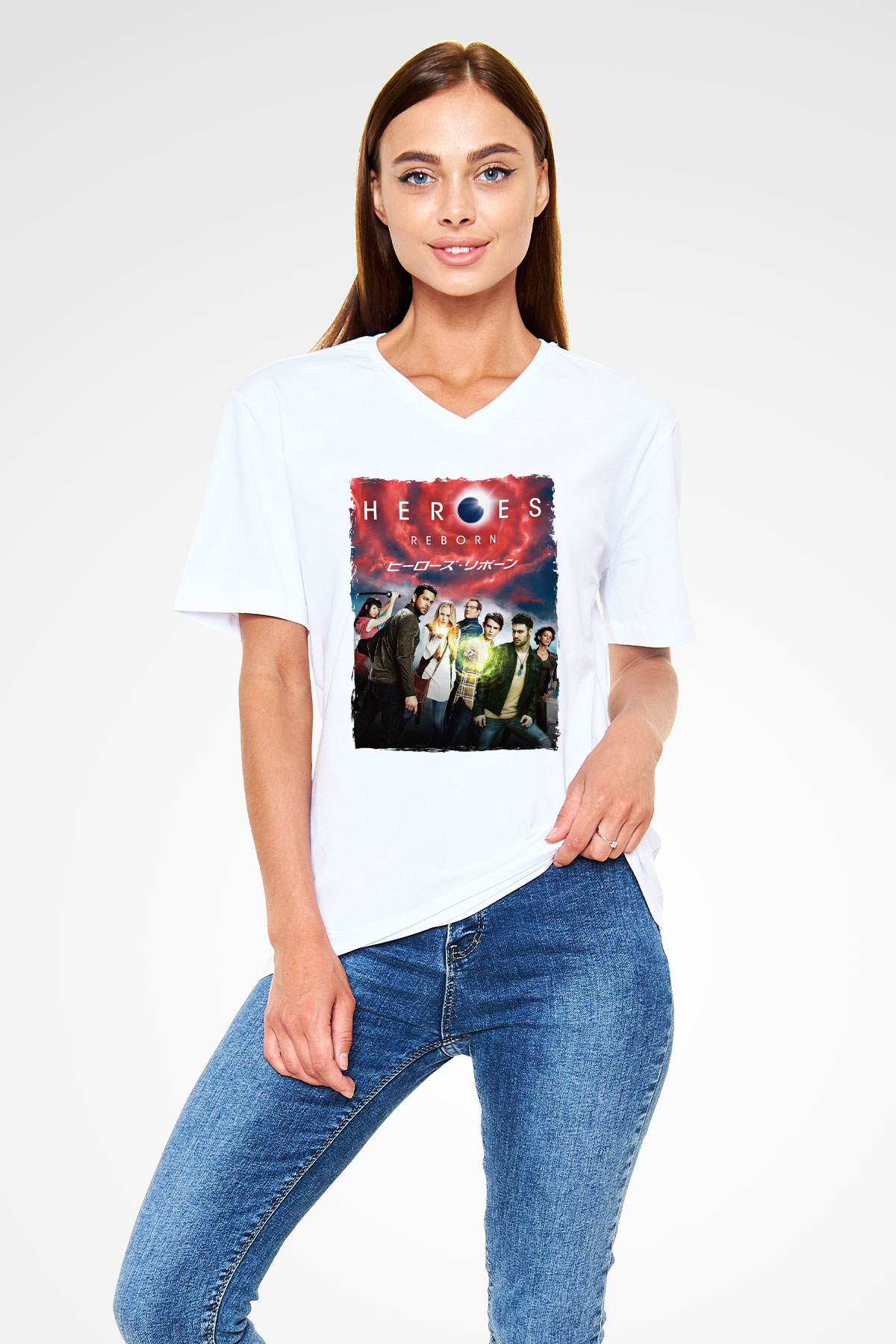 Heroes Beyaz Unisex V Yaka Tişört