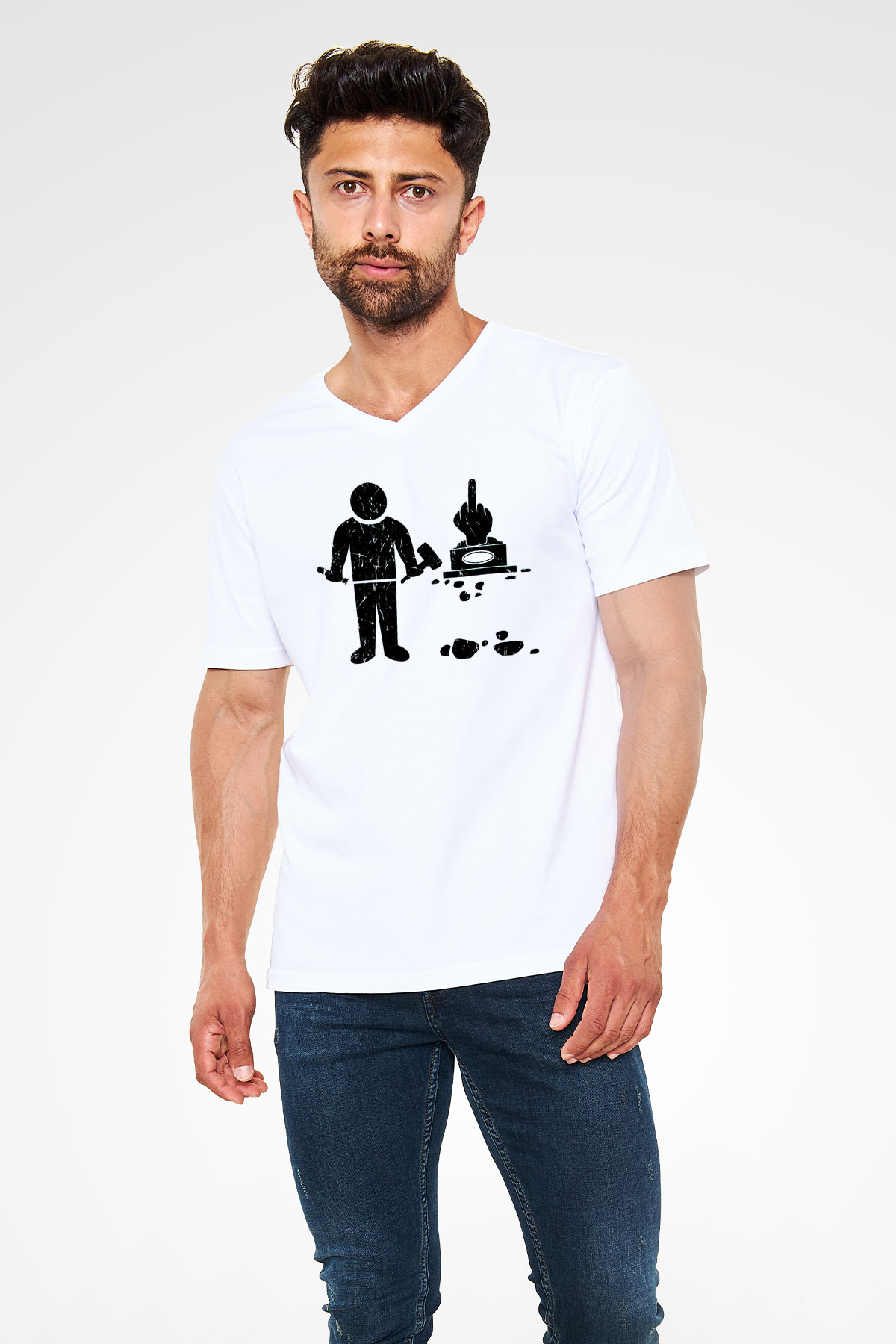 Heykeltıraş Beyaz Unisex V Yaka Tişört