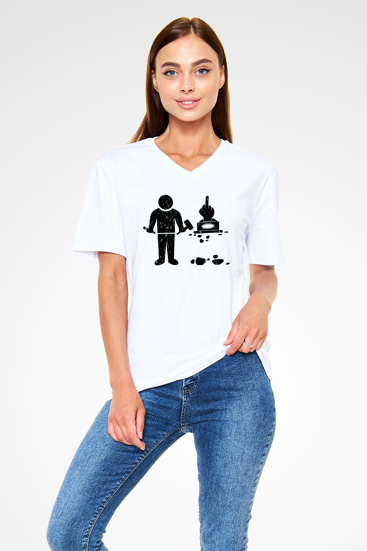 Heykeltıraş Beyaz Unisex V Yaka Tişört