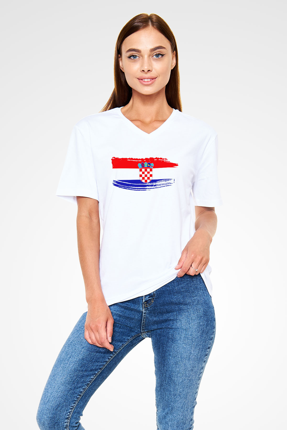 Hırvatistan Beyaz Unisex V Yaka Tişört T-Shirt