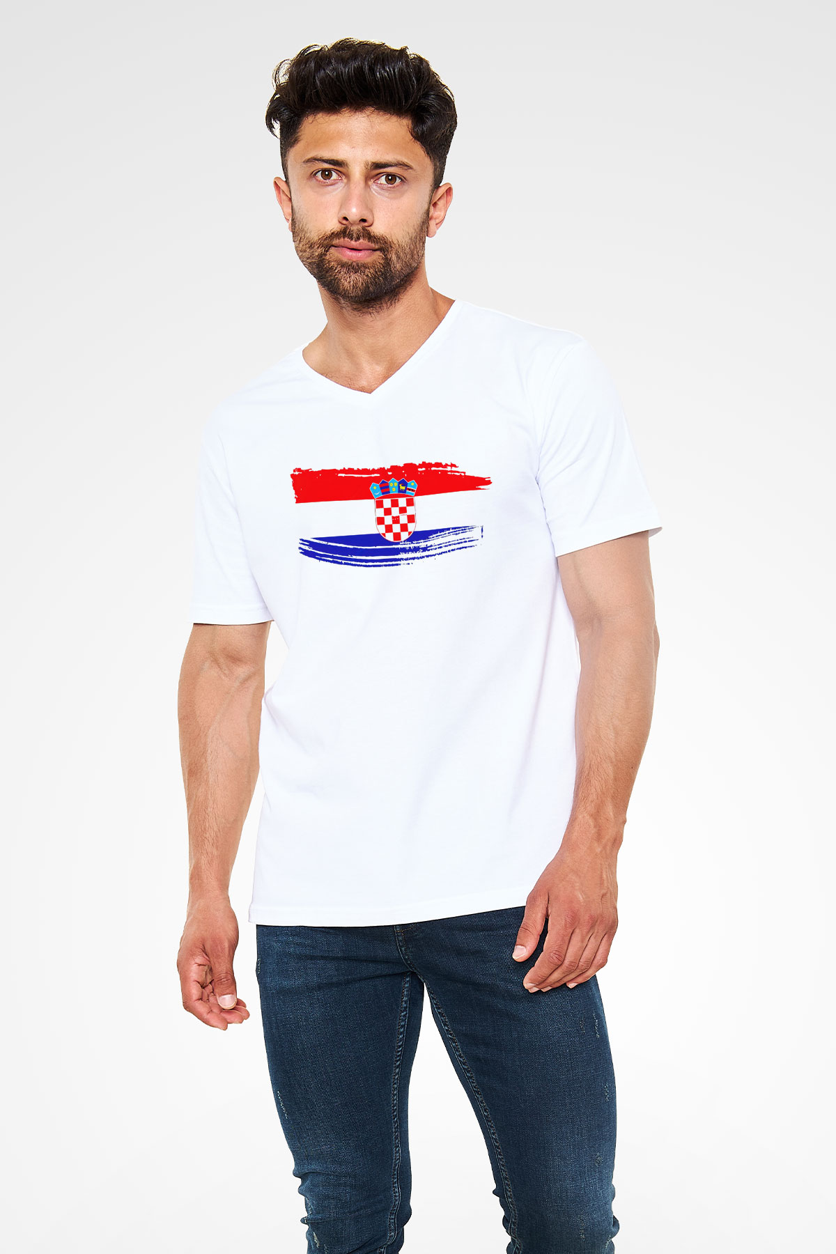 Hırvatistan Beyaz Unisex V Yaka Tişört T-Shirt