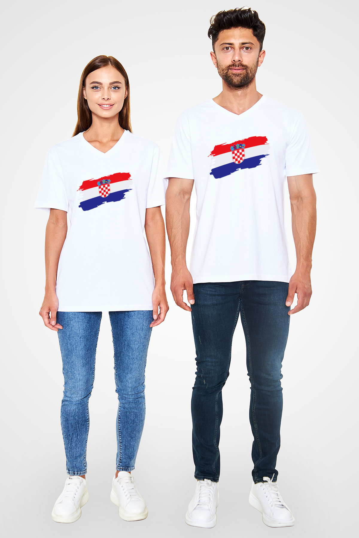 Hırvatistan Beyaz Unisex V Yaka Tişört T-Shirt