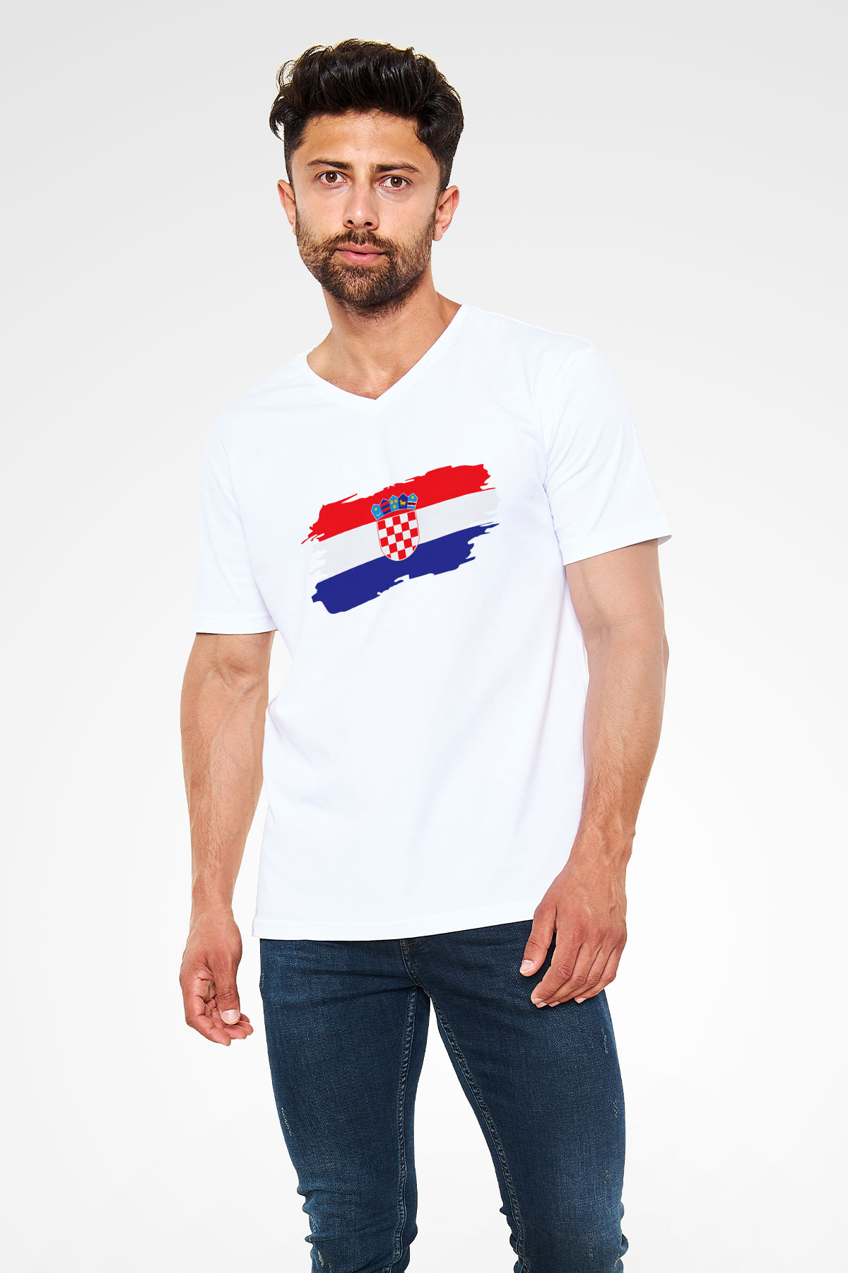 Hırvatistan Beyaz Unisex V Yaka Tişört T-Shirt