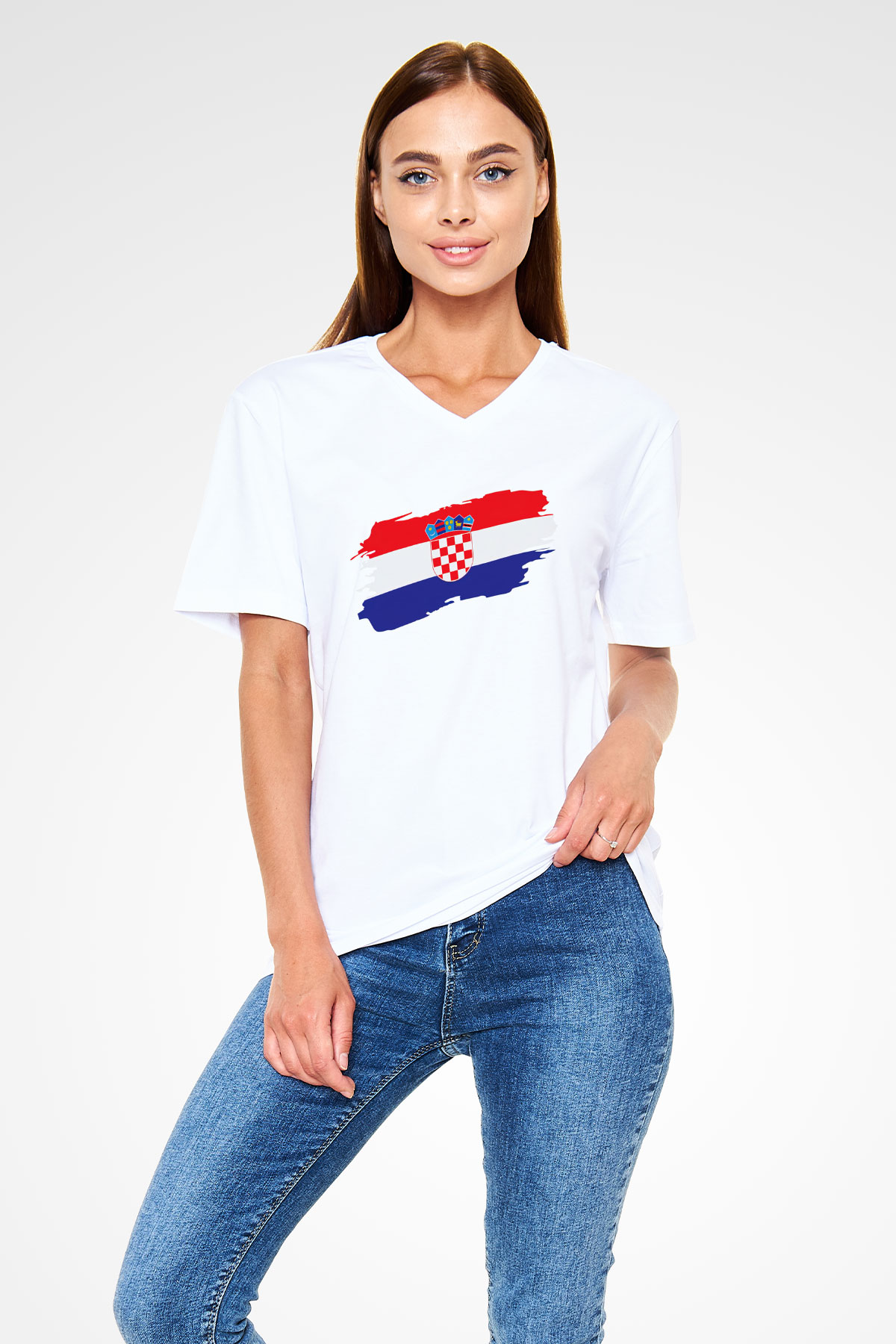 Hırvatistan Beyaz Unisex V Yaka Tişört T-Shirt