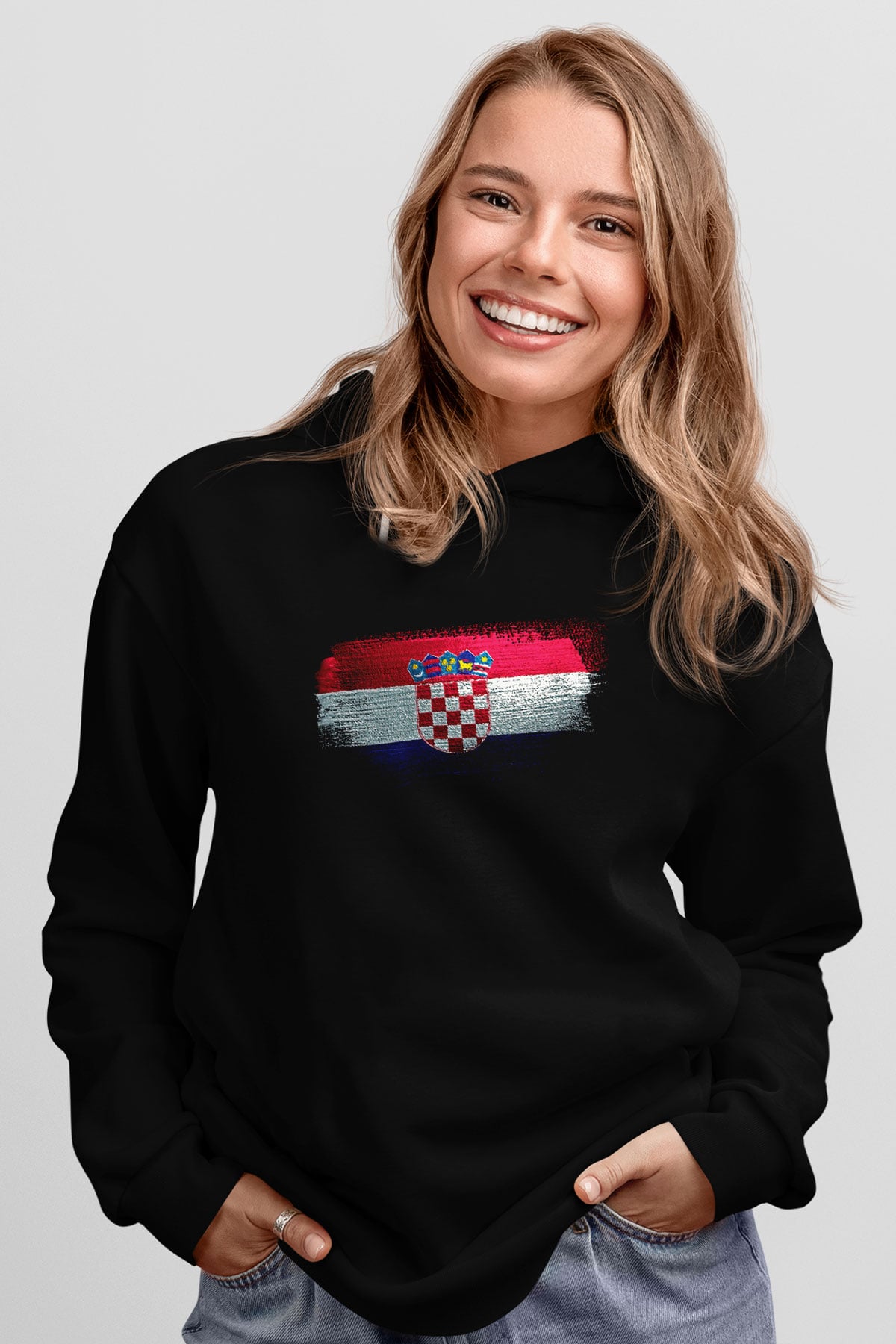 Hırvatistan - Croatia Bayrağı Baskılı Unisex Siyah Hoodie