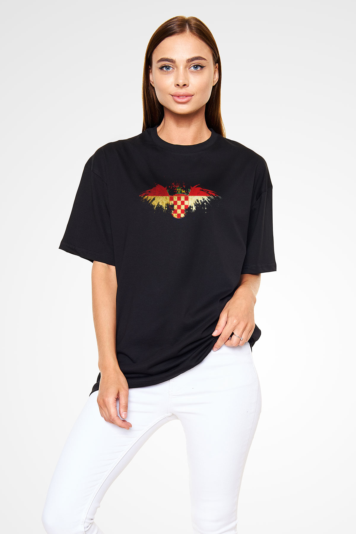 Hırvatistan Siyah Unisex Oversize Tişört T-Shirt