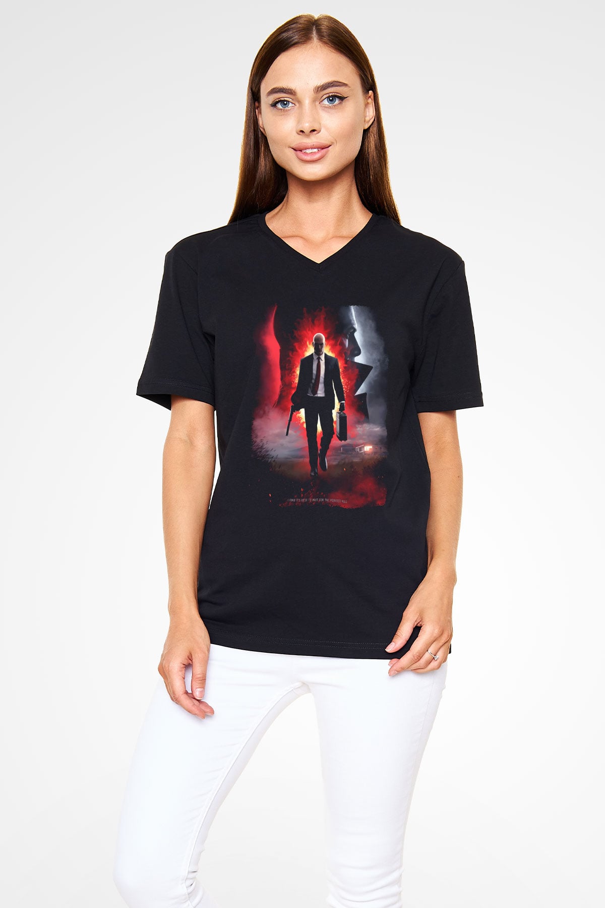 Hitman Siyah Unisex V Yaka Tişört