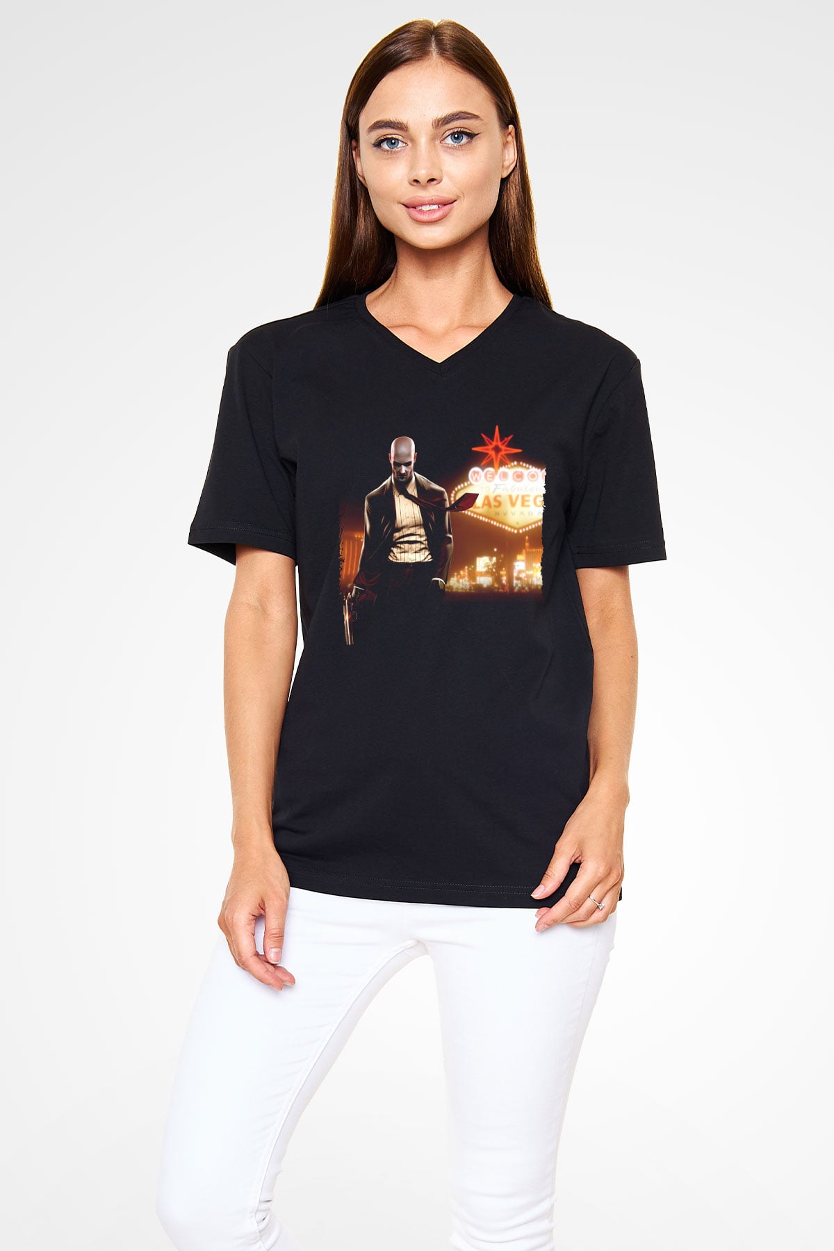 Hitman Siyah Unisex V Yaka Tişört