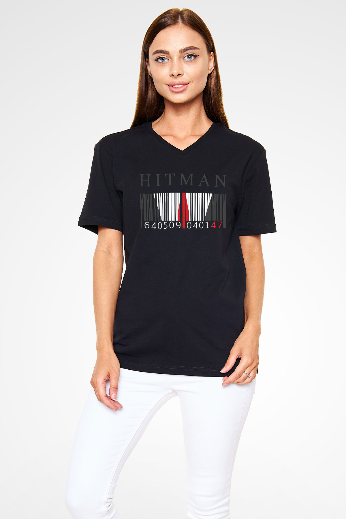 Hitman Siyah Unisex V Yaka Tişört T-Shirt